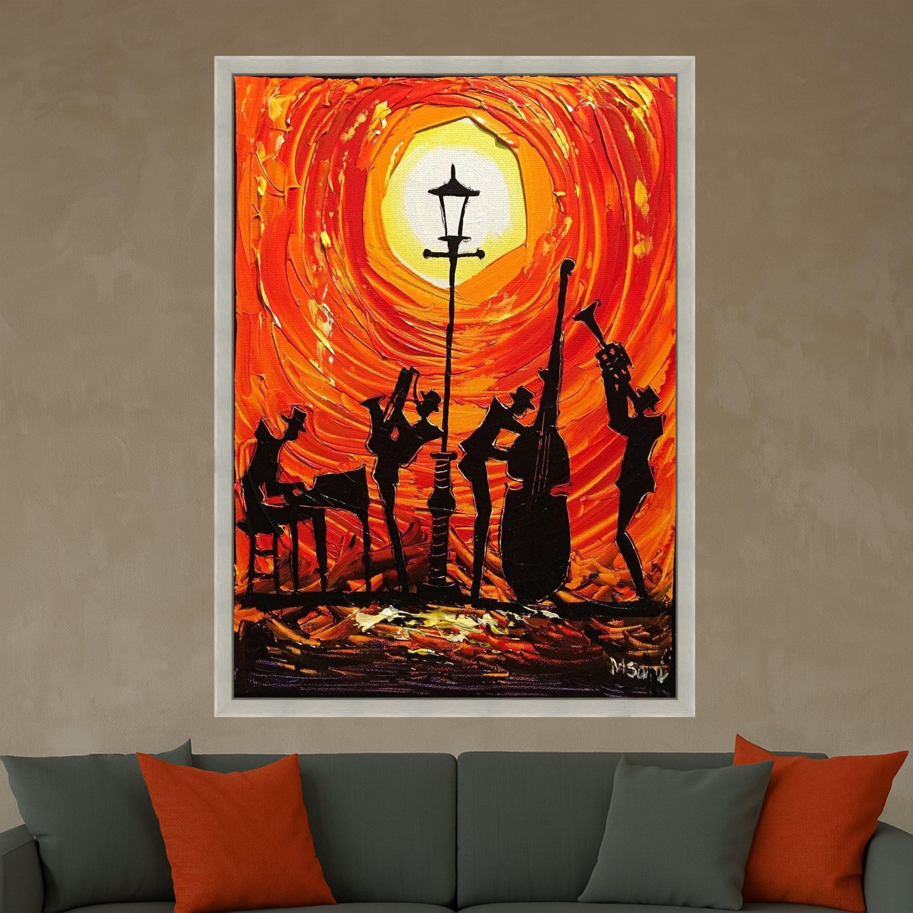 Jazz Band Silhouette Canvas, Sunset Music Scene Wall Art, Vibrant Orange Abstract Painting, Musical Instrument Decor, Modern Ready To Hang,
