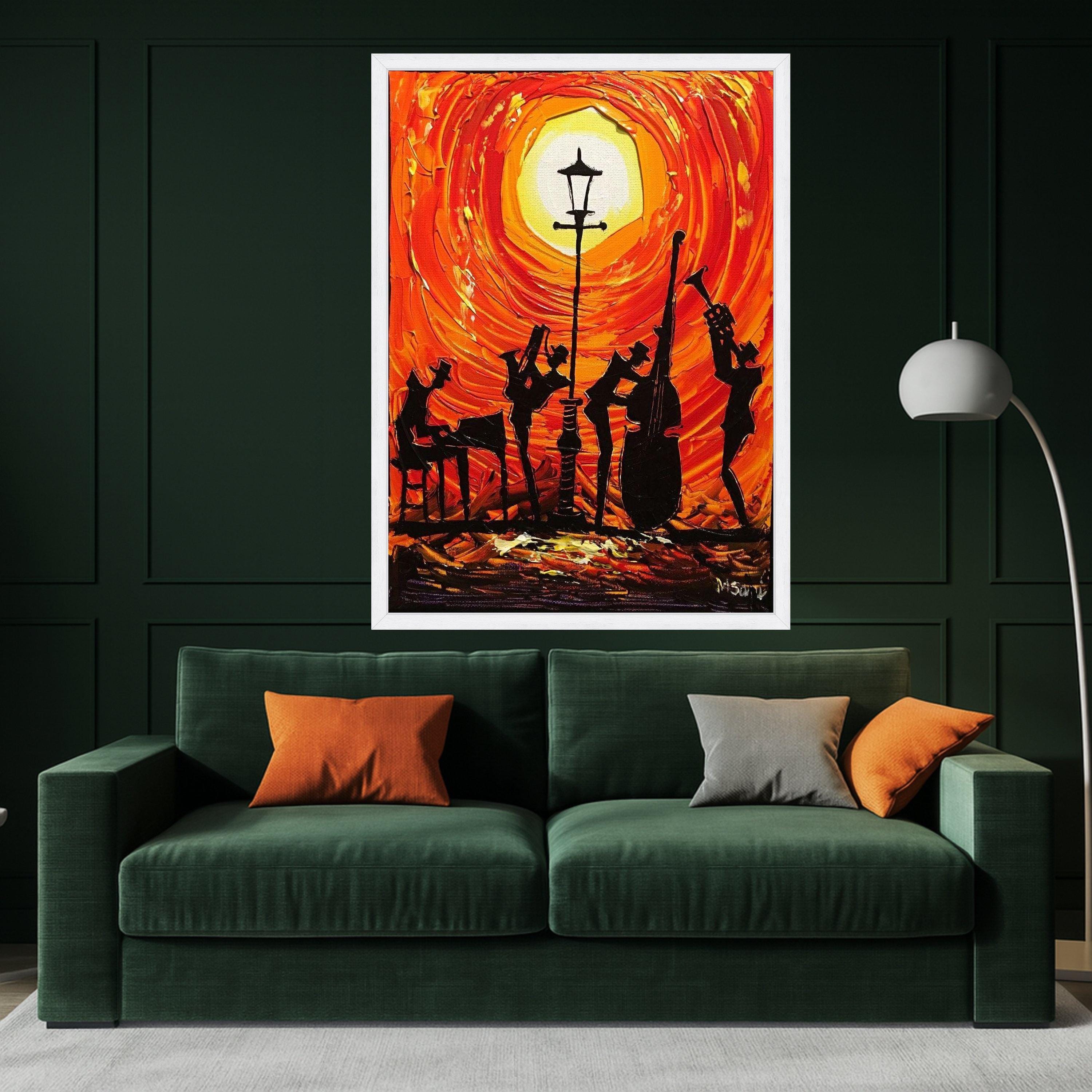 Jazz Band Silhouette Canvas, Sunset Music Scene Wall Art, Vibrant Orange Abstract Painting, Musical Instrument Decor, Modern Ready To Hang,