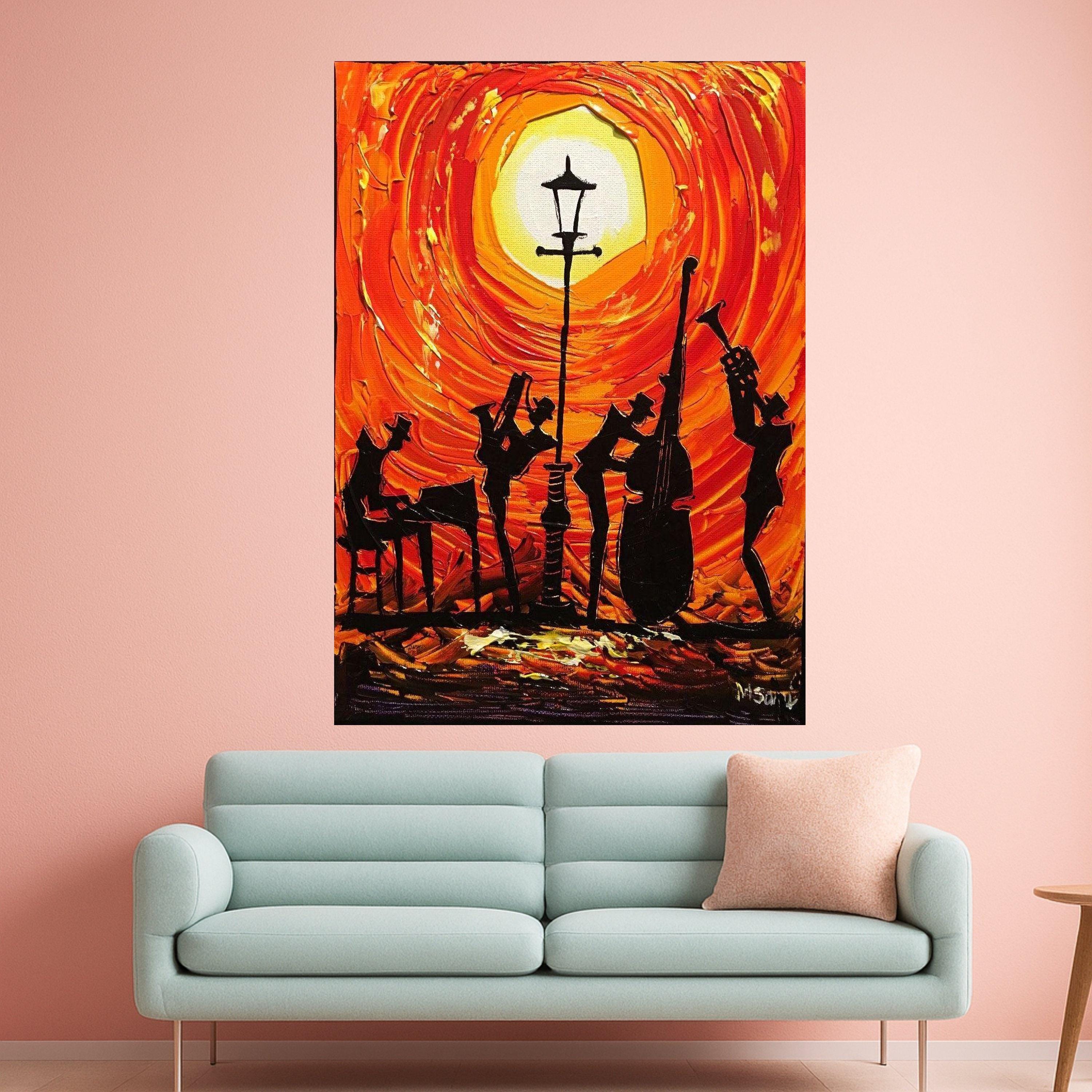 Jazz Band Silhouette Canvas, Sunset Music Scene Wall Art, Vibrant Orange Abstract Painting, Musical Instrument Decor, Modern Ready To Hang,