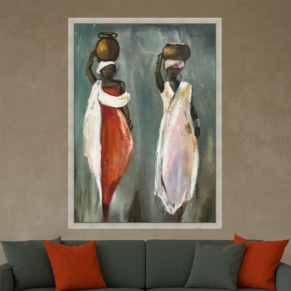 African Women with Pots Canvas Wall Art, Ethnic Figurative Painting, Tribal Culture Artwork, Boho Home Decoration, Ready To Hang,