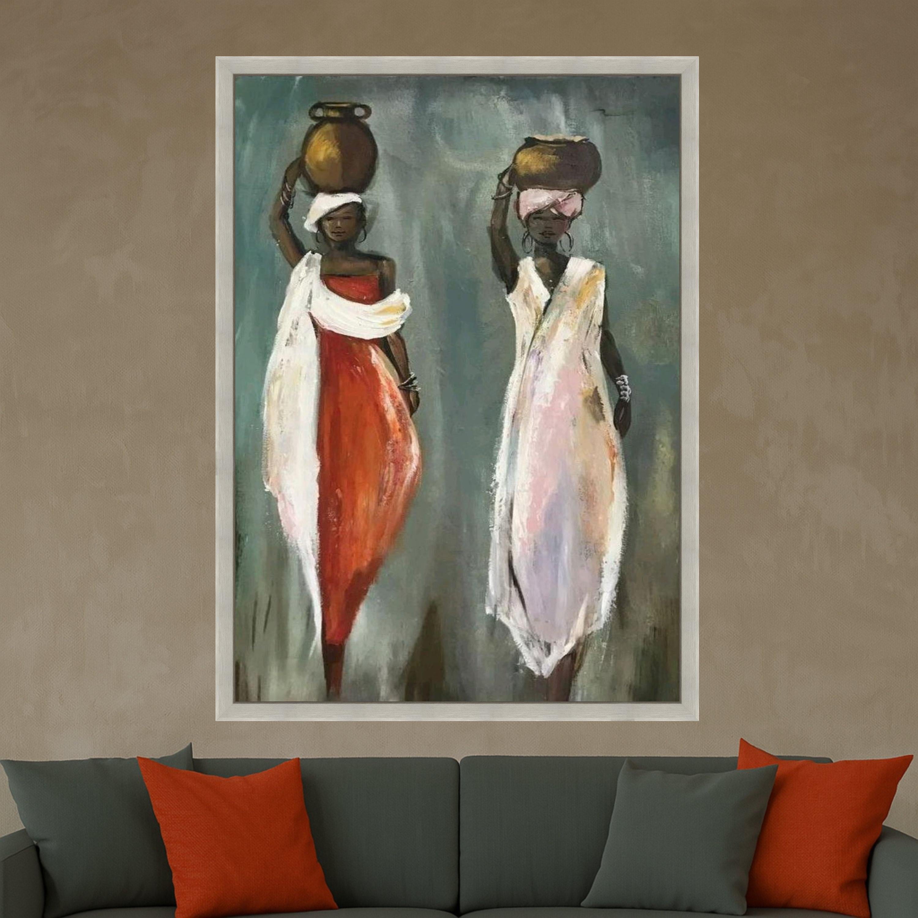 African Women with Pots Canvas Wall Art, Ethnic Figurative Painting, Tribal Culture Artwork, Boho Home Decoration, Ready To Hang,