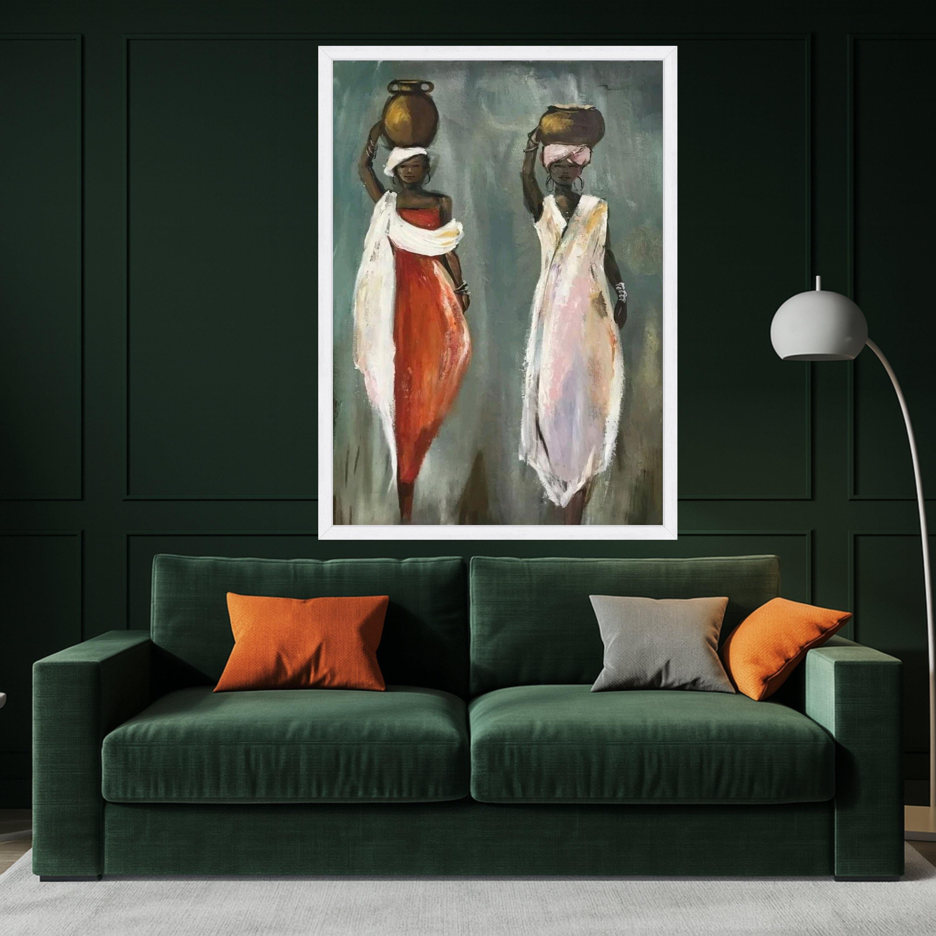 African Women with Pots Canvas Wall Art, Ethnic Figurative Painting, Tribal Culture Artwork, Boho Home Decoration, Ready To Hang,