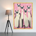 Elegant Siamese Cats Canvas Wall Art, Modern Feline Portrait, Pink Background Cat Painting, Whimsical Home Decor, Ready to Ready To Hang