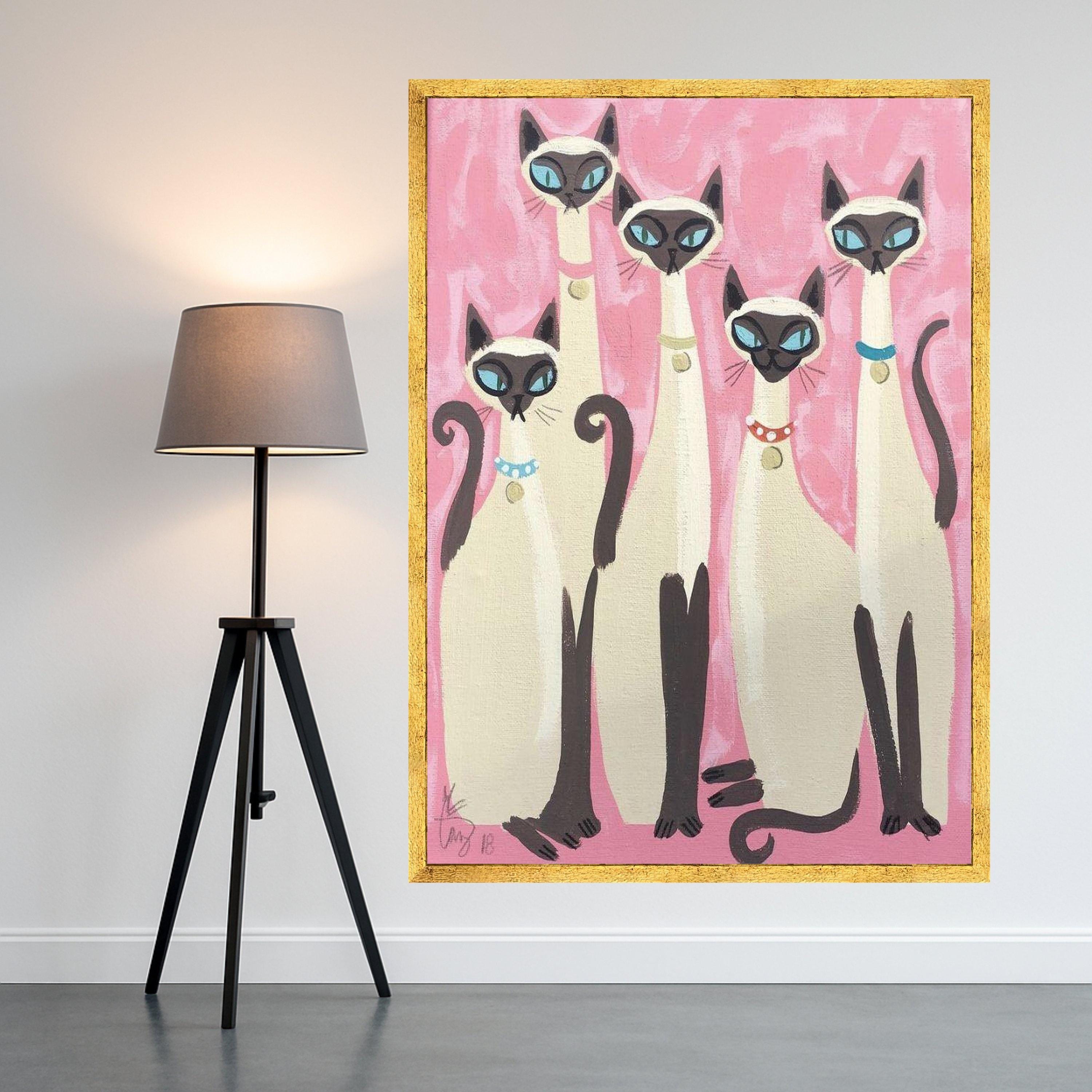Elegant Siamese Cats Canvas Wall Art, Modern Feline Portrait, Pink Background Cat Painting, Whimsical Home Decor, Ready to Ready To Hang