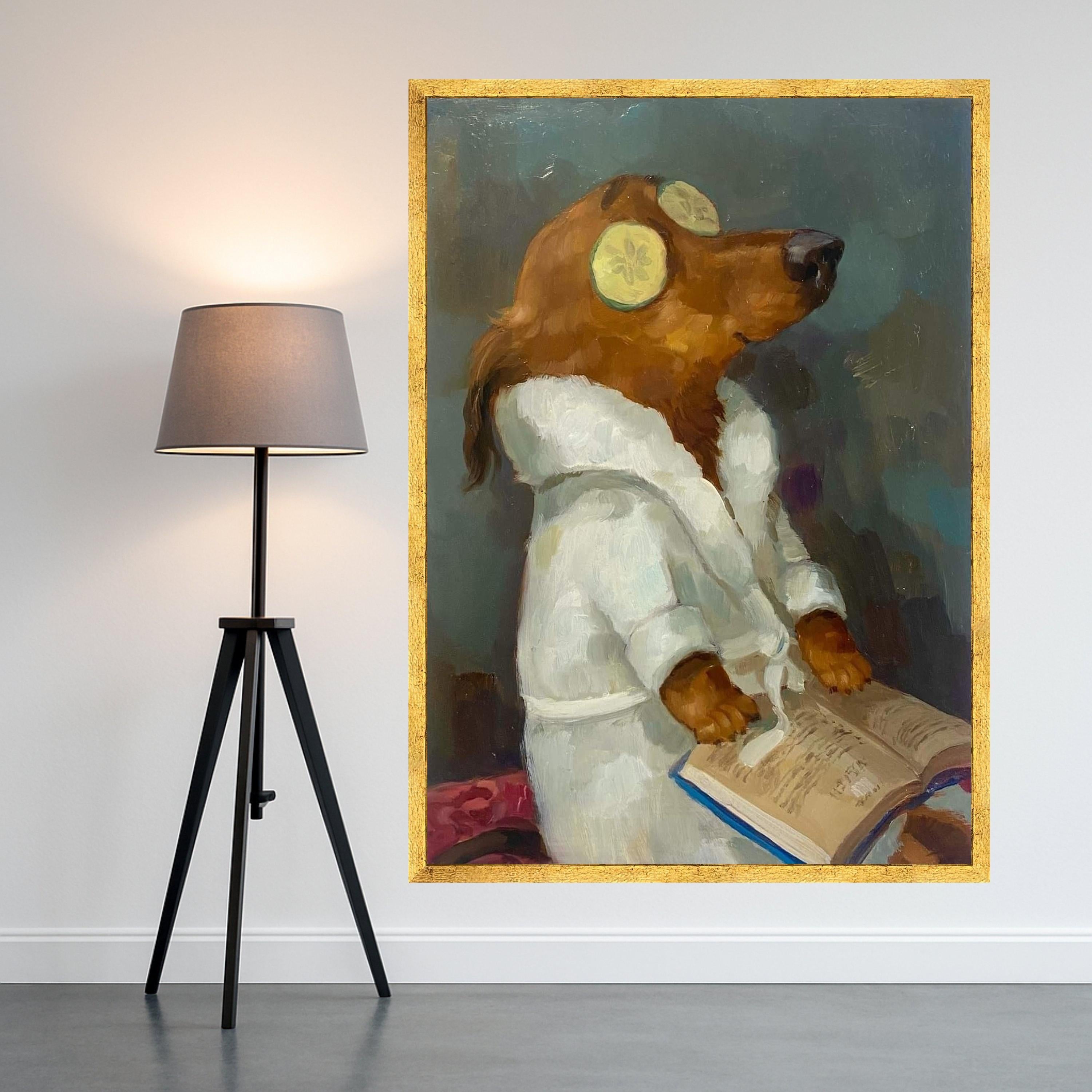 Relaxing Dog Spa Scene Canvas, Humorous Animal Painting, Cozy White Robe Art, Quirky Pet Wall Decor, Fun Canine Canvas Print Ready To Hang