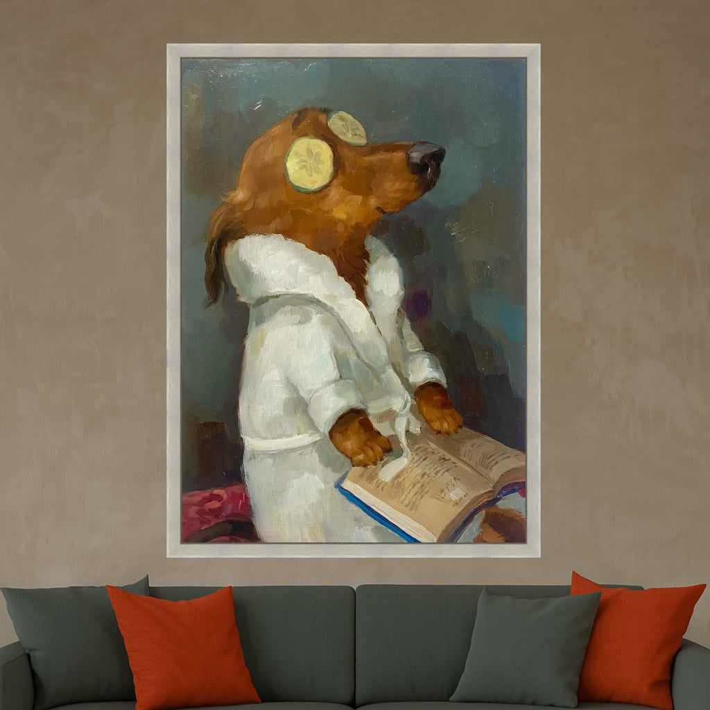 Relaxing Dog Spa Scene Canvas, Humorous Animal Painting, Cozy White Robe Art, Quirky Pet Wall Decor, Fun Canine Canvas Print Ready To Hang