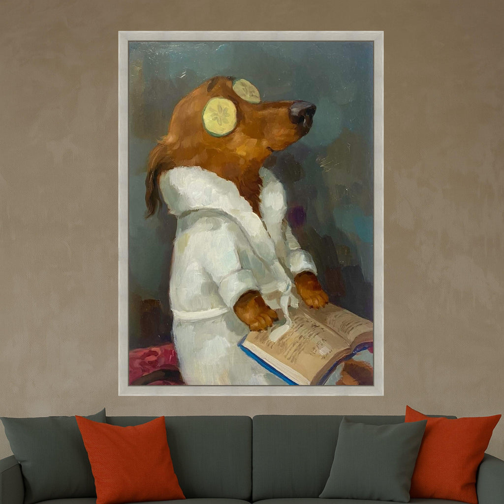Relaxing Dog Spa Scene Canvas, Humorous Animal Painting, Cozy White Robe Art, Quirky Pet Wall Decor, Fun Canine Canvas Print Ready To Hang