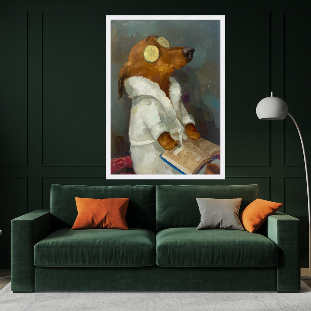 Relaxing Dog Spa Scene Canvas, Humorous Animal Painting, Cozy White Robe Art, Quirky Pet Wall Decor, Fun Canine Canvas Print Ready To Hang