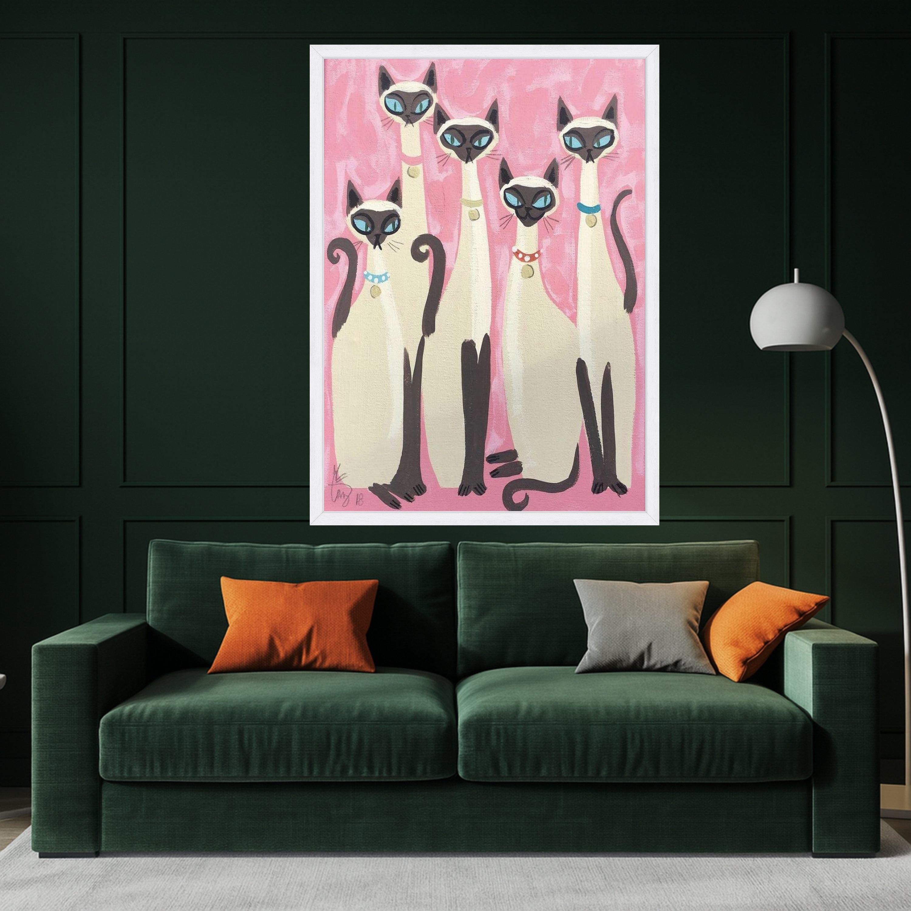 Elegant Siamese Cats Canvas Wall Art, Modern Feline Portrait, Pink Background Cat Painting, Whimsical Home Decor, Ready to Ready To Hang