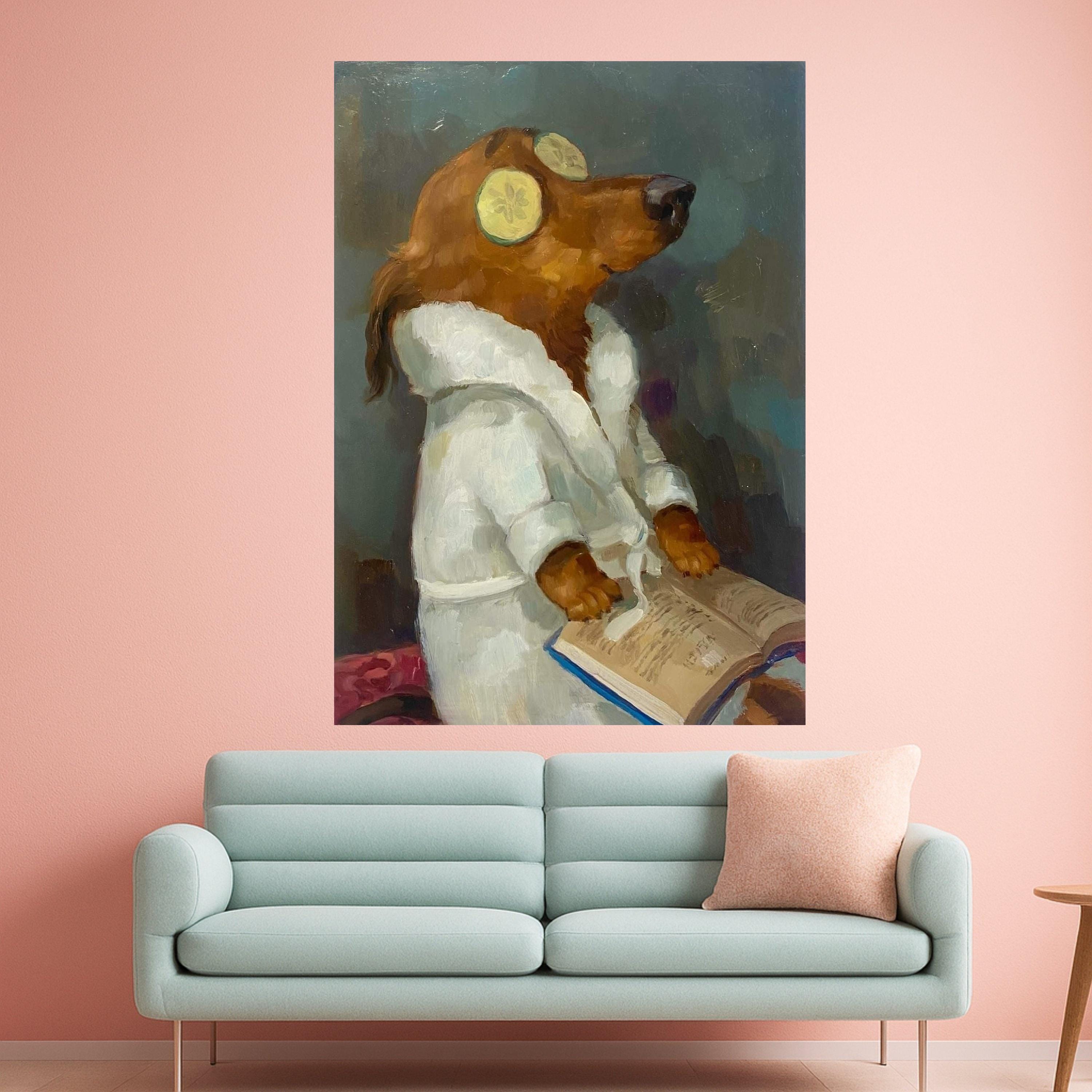 Relaxing Dog Spa Scene Canvas, Humorous Animal Painting, Cozy White Robe Art, Quirky Pet Wall Decor, Fun Canine Canvas Print Ready To Hang