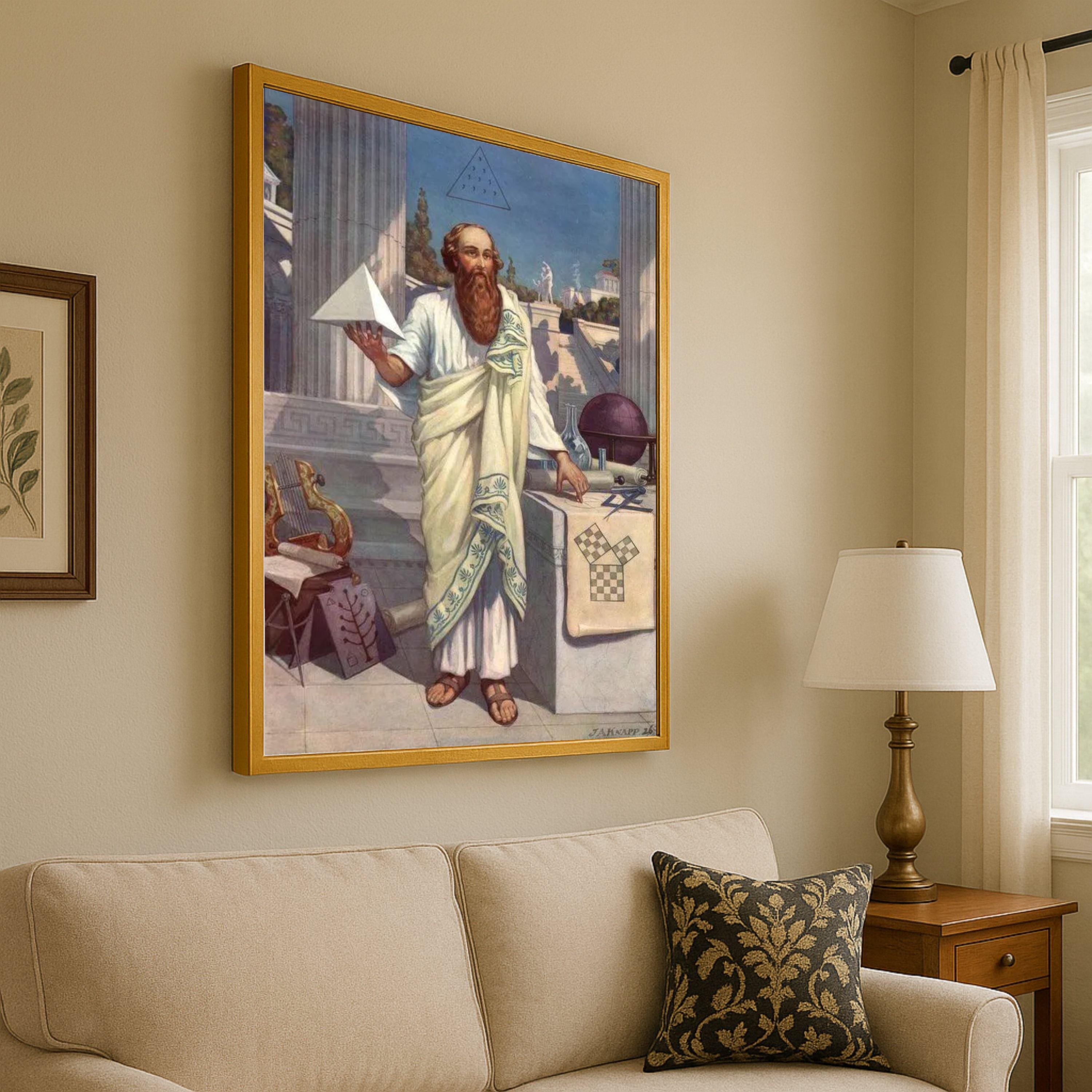 Ancient Greek Philosopher Canvas, Pythagoras Wall Art, Mathematical Geometry Decor, Classical Education Painting, Historical Ready To Hang,