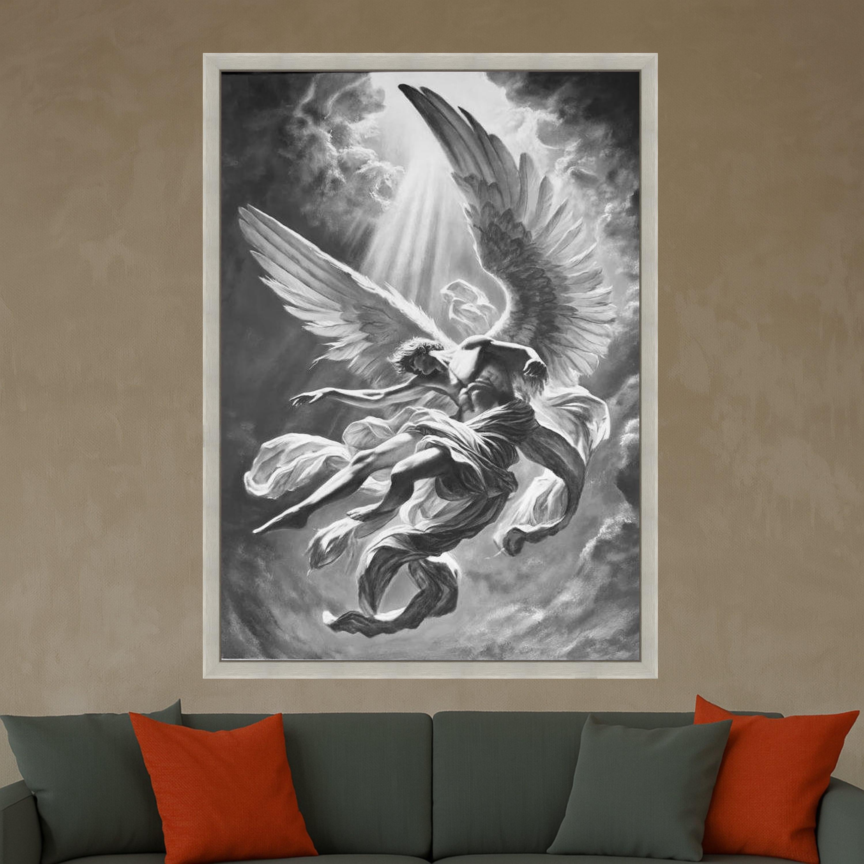 Black and White Angel Canvas Print – Spiritual Wall Art, Dramatic Wall Decor, Heavenly Artwork Ready to Hang