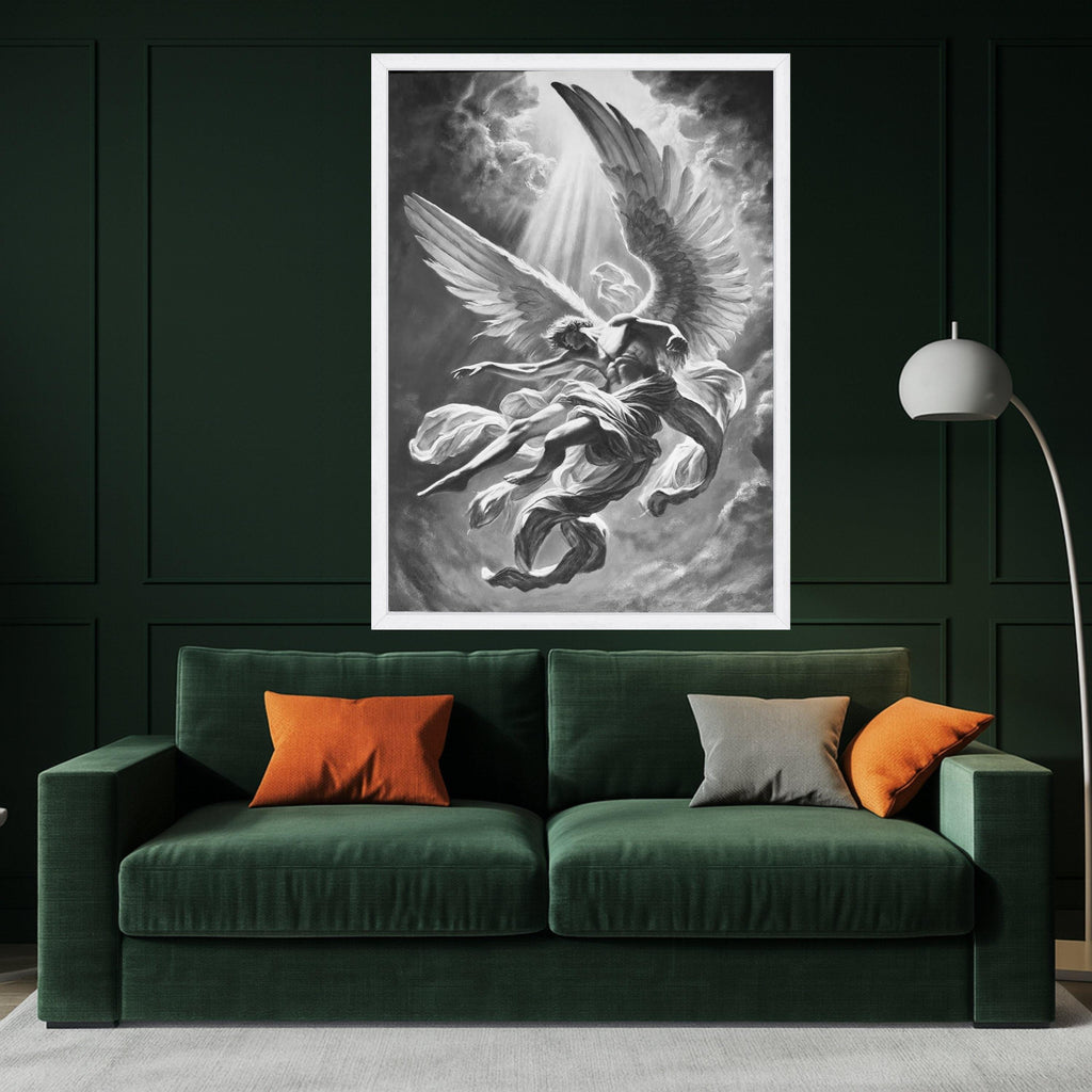 Black and White Angel Canvas Print – Spiritual Wall Art, Dramatic Wall Decor, Heavenly Artwork Ready to Hang