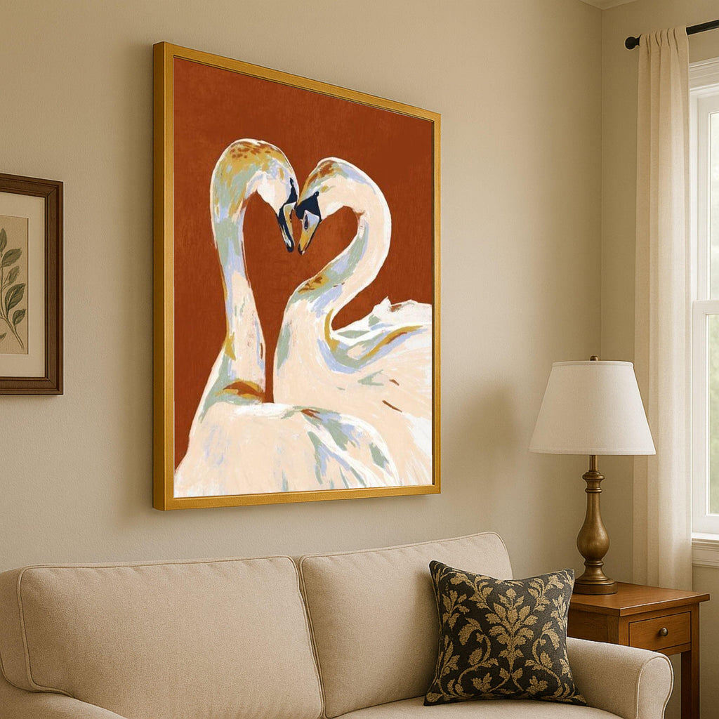 Elegant Swan Couple Canvas, Romantic Bird Wall Art, Love Heart Shape Painting, Animal Nature Canvas, Modern Home Decoration Ready To Hang,