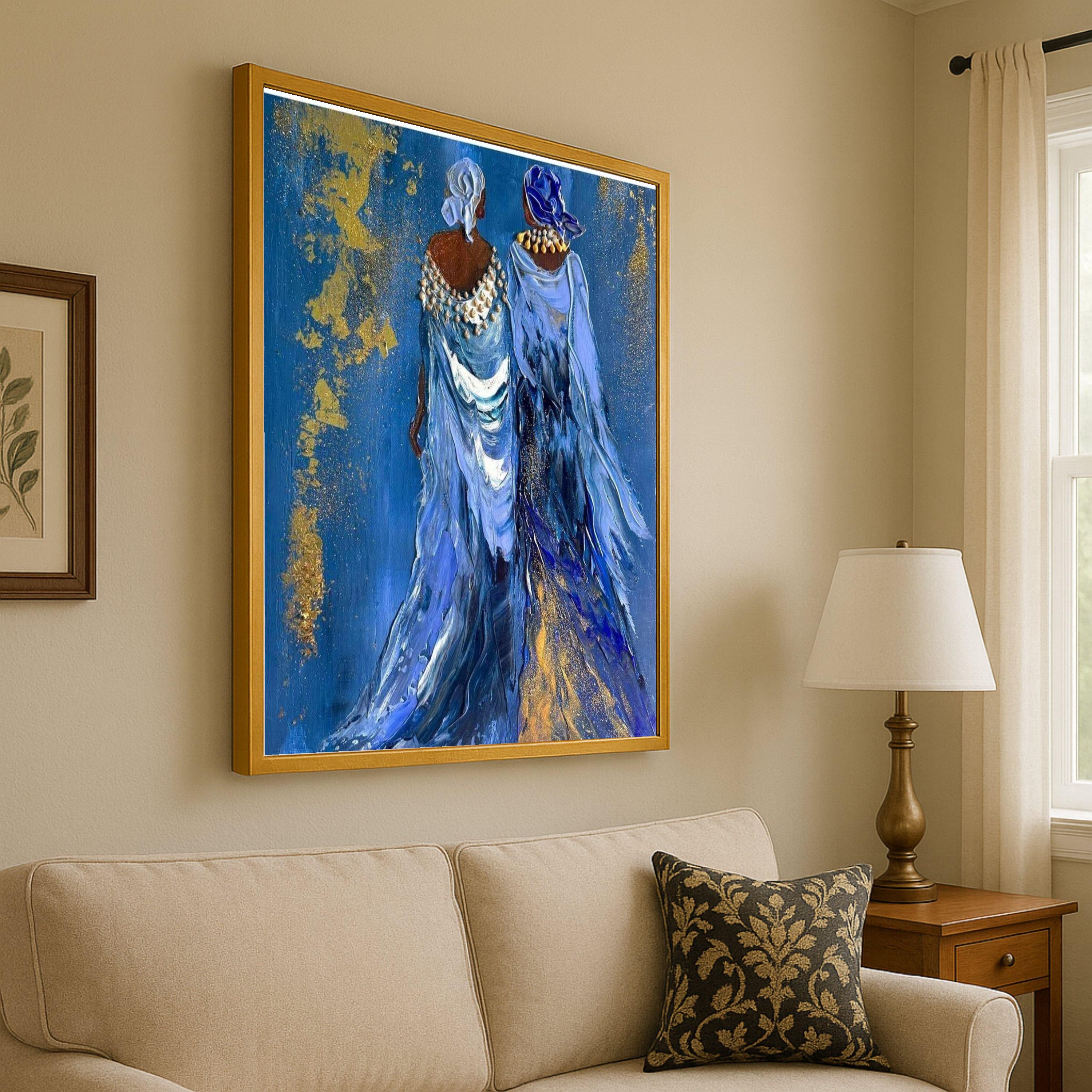 Elegant Women Canvas Print – Afrocentric Wall Art Ready to Hang – Blue and Gold Wall Decor for Living Room or Bedroom