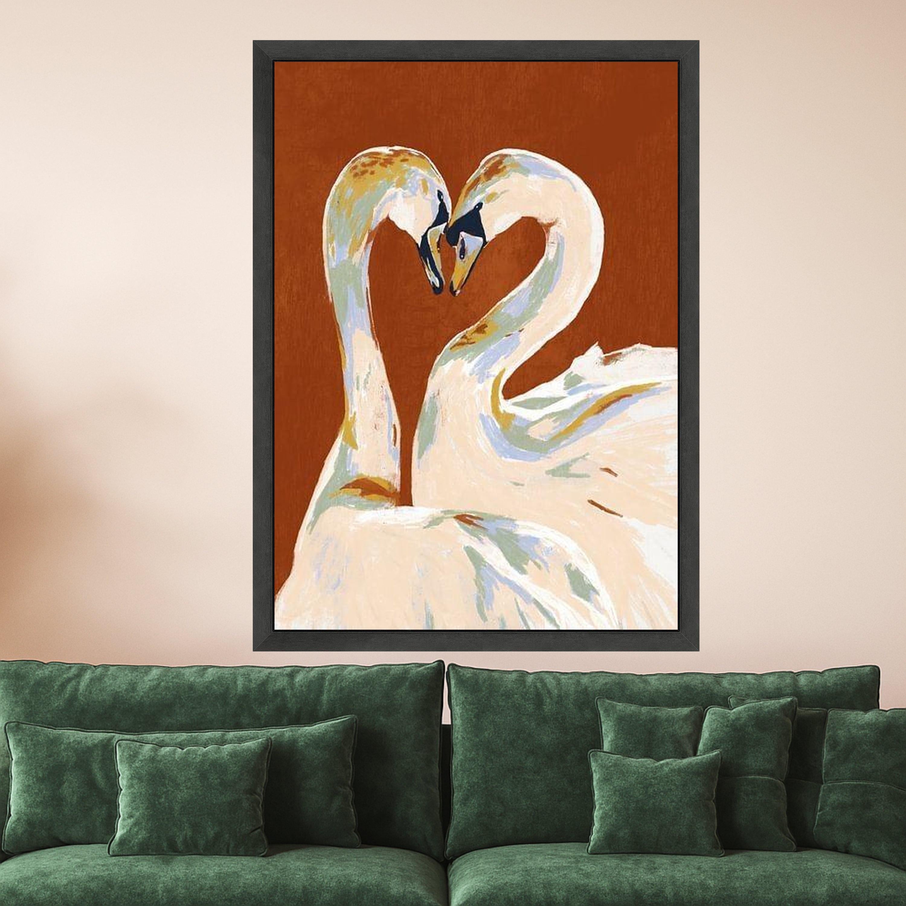 Elegant Swan Couple Canvas, Romantic Bird Wall Art, Love Heart Shape Painting, Animal Nature Canvas, Modern Home Decoration Ready To Hang,