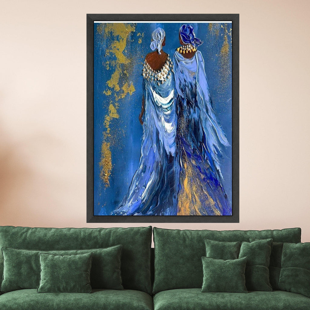Elegant Women Canvas Print – Afrocentric Wall Art Ready to Hang – Blue and Gold Wall Decor for Living Room or Bedroom