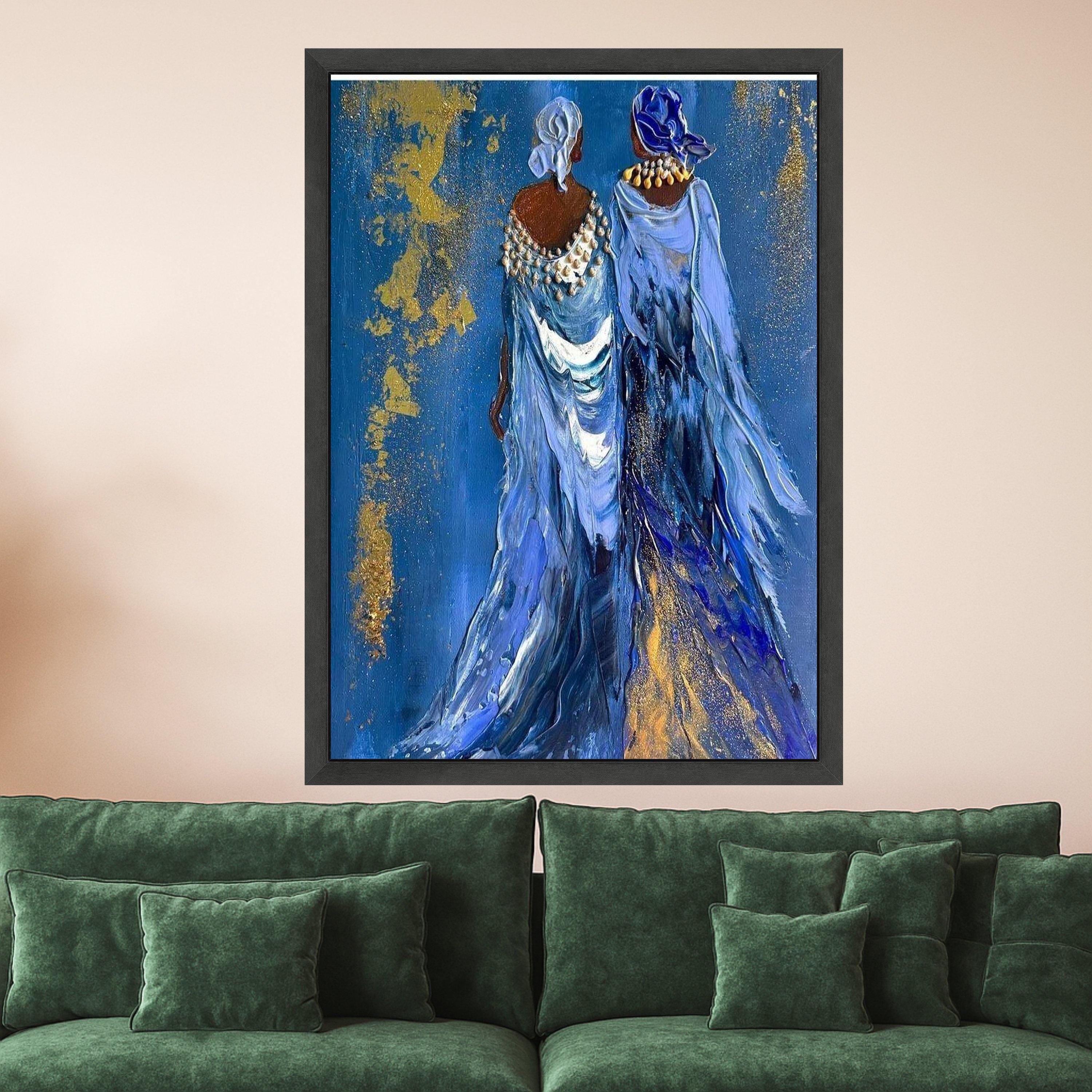 Elegant Women Canvas Print – Afrocentric Wall Art Ready to Hang – Blue and Gold Wall Decor for Living Room or Bedroom