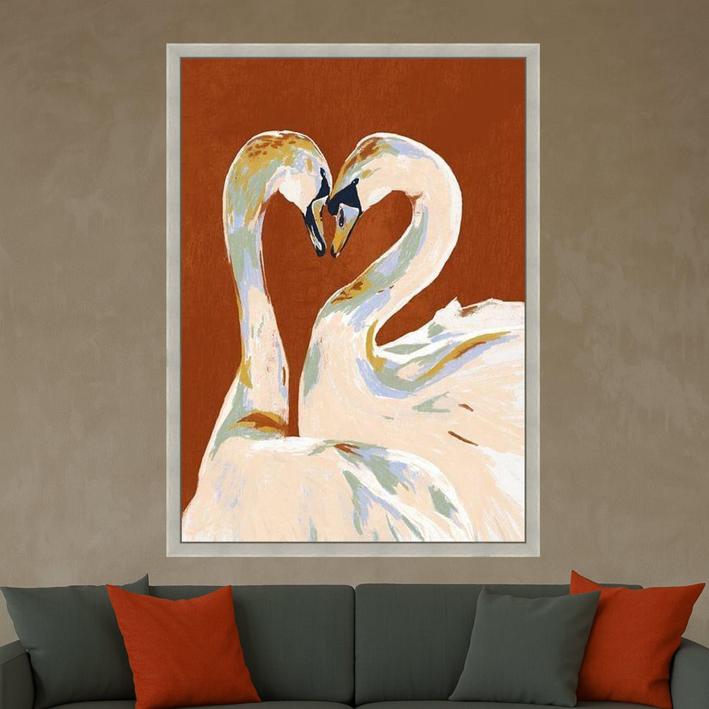 Elegant Swan Couple Canvas, Romantic Bird Wall Art, Love Heart Shape Painting, Animal Nature Canvas, Modern Home Decoration Ready To Hang,