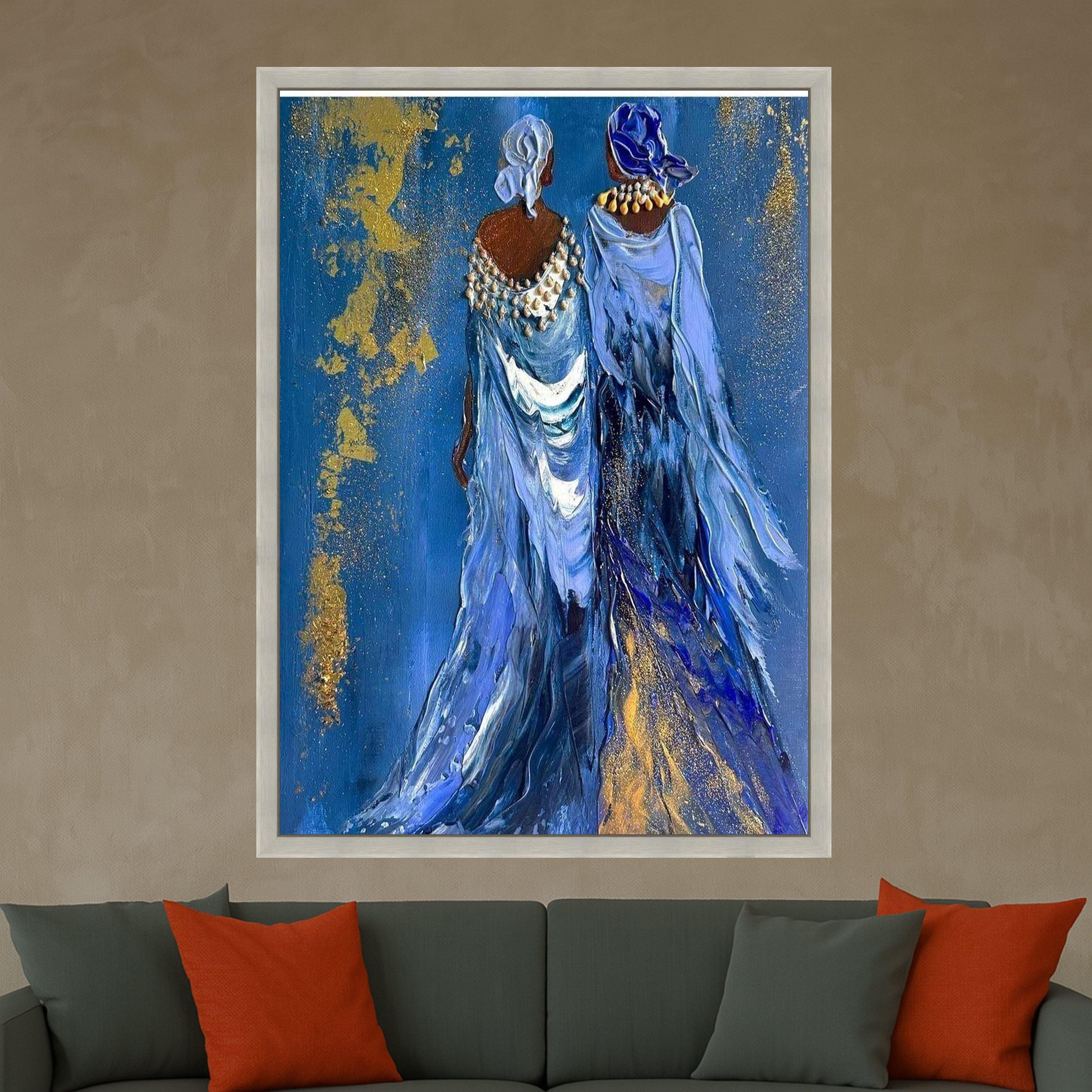 Elegant Women Canvas Print – Afrocentric Wall Art Ready to Hang – Blue and Gold Wall Decor for Living Room or Bedroom