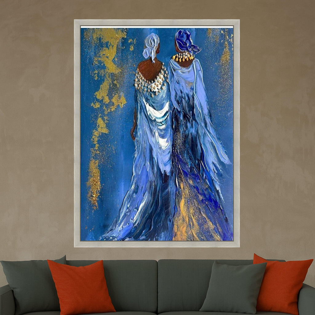 Elegant Women Canvas Print – Afrocentric Wall Art Ready to Hang – Blue and Gold Wall Decor for Living Room or Bedroom