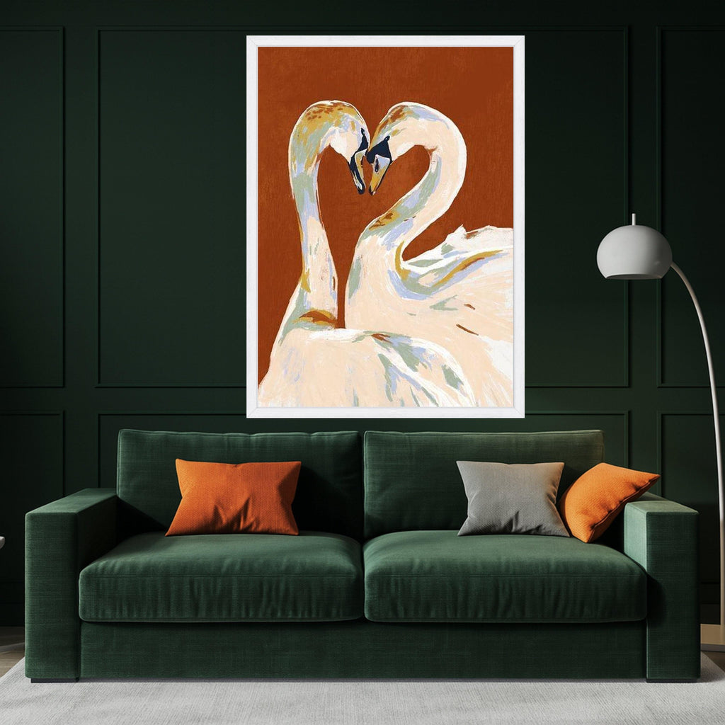 Elegant Swan Couple Canvas, Romantic Bird Wall Art, Love Heart Shape Painting, Animal Nature Canvas, Modern Home Decoration Ready To Hang,