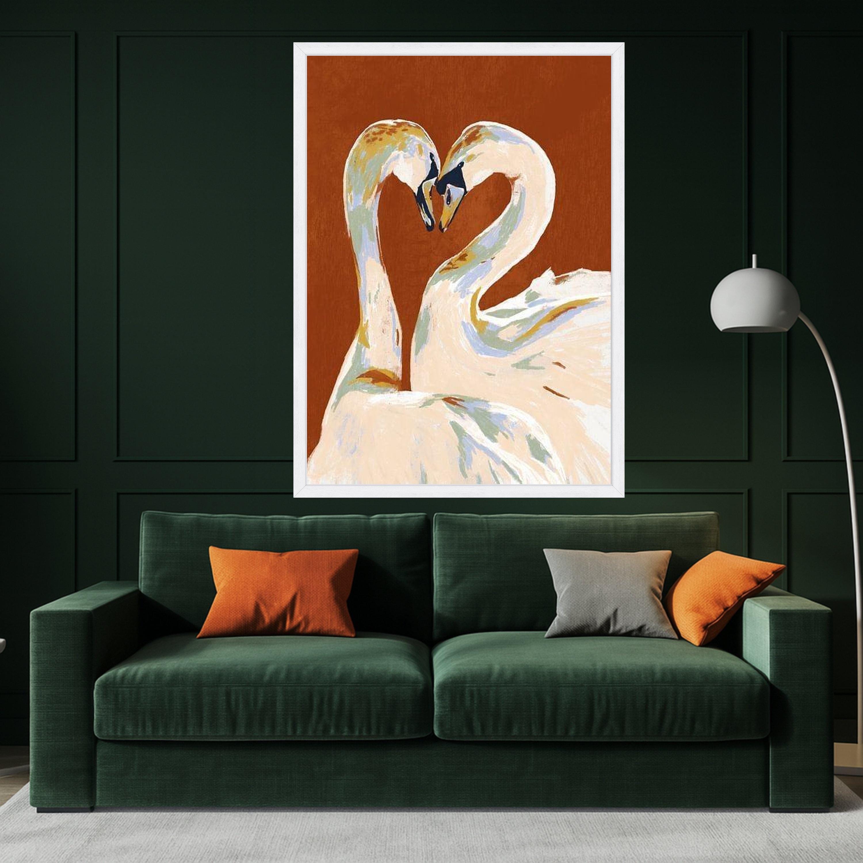 Elegant Swan Couple Canvas, Romantic Bird Wall Art, Love Heart Shape Painting, Animal Nature Canvas, Modern Home Decoration Ready To Hang,