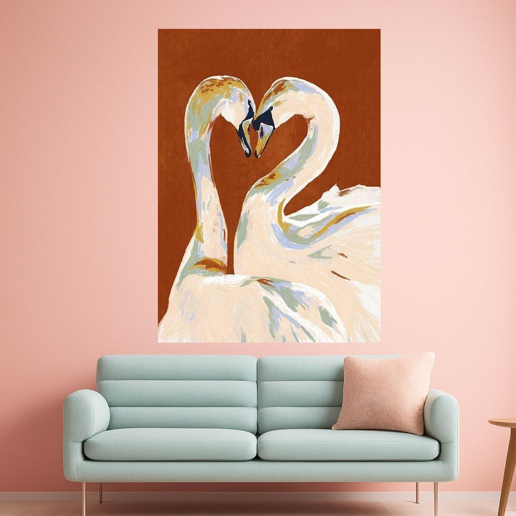 Elegant Swan Couple Canvas, Romantic Bird Wall Art, Love Heart Shape Painting, Animal Nature Canvas, Modern Home Decoration Ready To Hang,