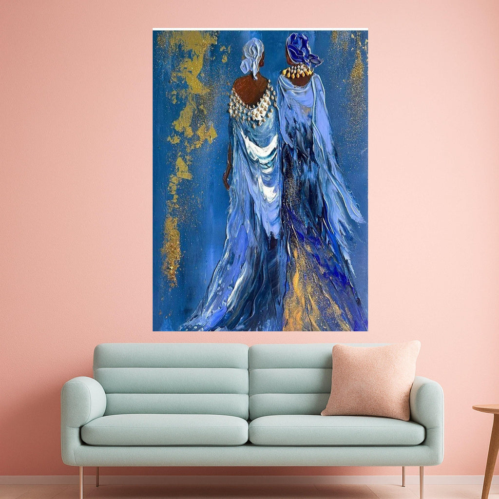 Elegant Women Canvas Print – Afrocentric Wall Art Ready to Hang – Blue and Gold Wall Decor for Living Room or Bedroom