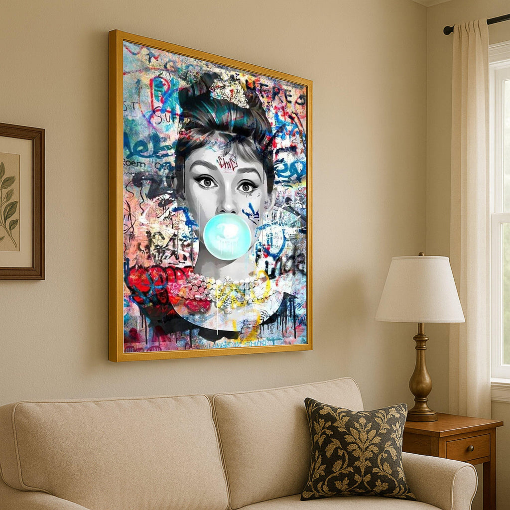 Retro Pop Art Portrait Canvas, Audrey Hepburn Bubblegum Graffiti Wall Art, Modern Urban Canvas Decoration, Street Art Style Ready To Hang,