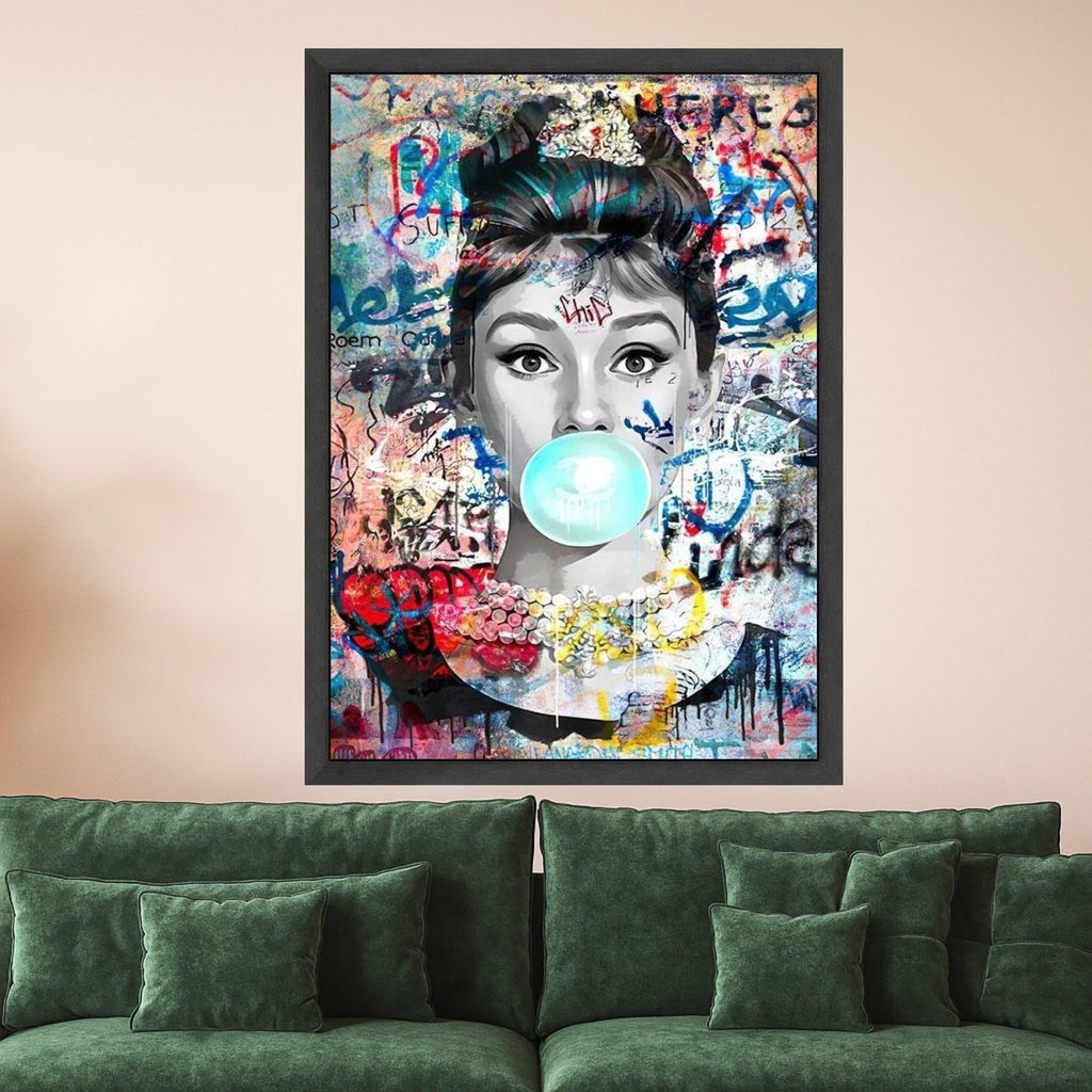 Retro Pop Art Portrait Canvas, Audrey Hepburn Bubblegum Graffiti Wall Art, Modern Urban Canvas Decoration, Street Art Style Ready To Hang,