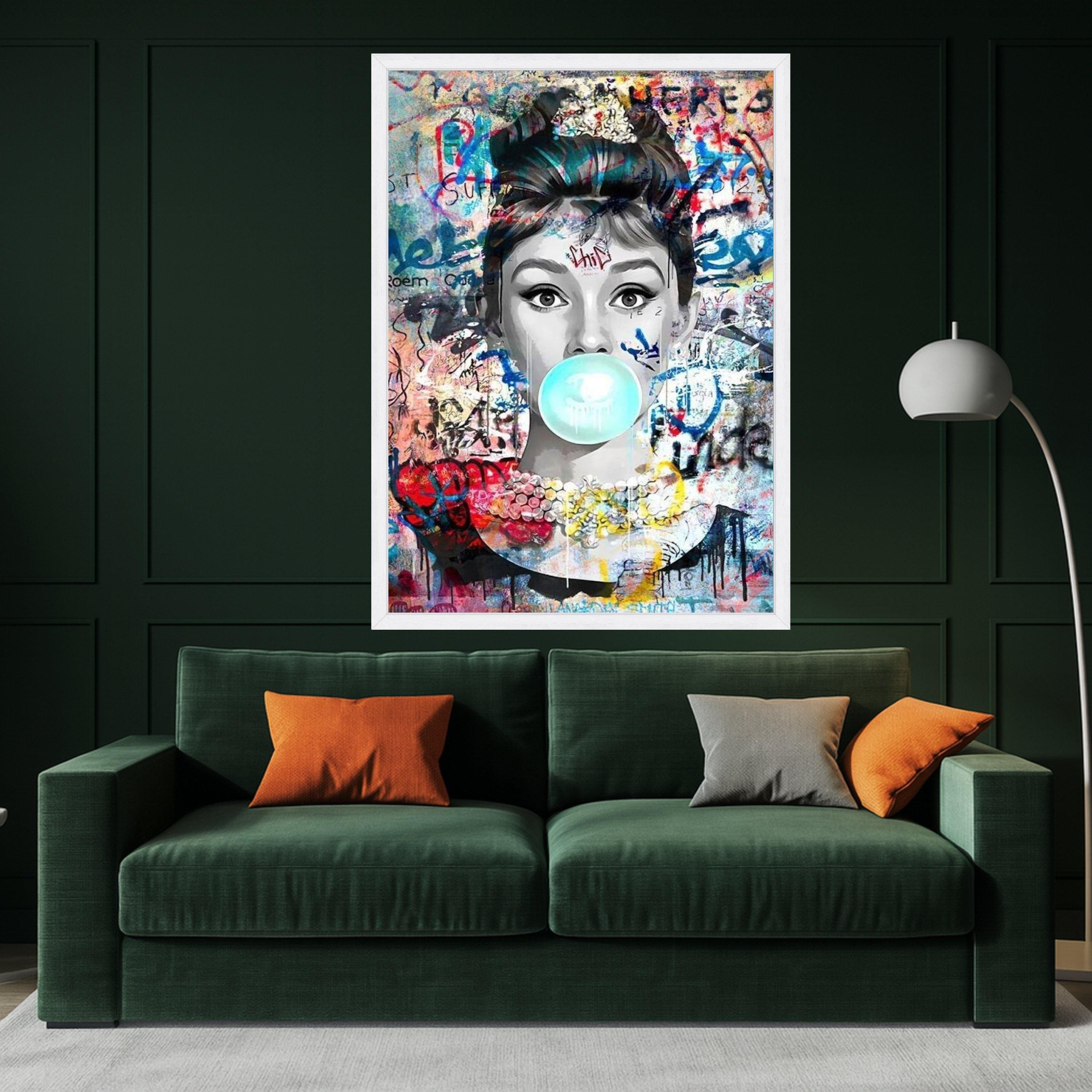 Retro Pop Art Portrait Canvas, Audrey Hepburn Bubblegum Graffiti Wall Art, Modern Urban Canvas Decoration, Street Art Style Ready To Hang,