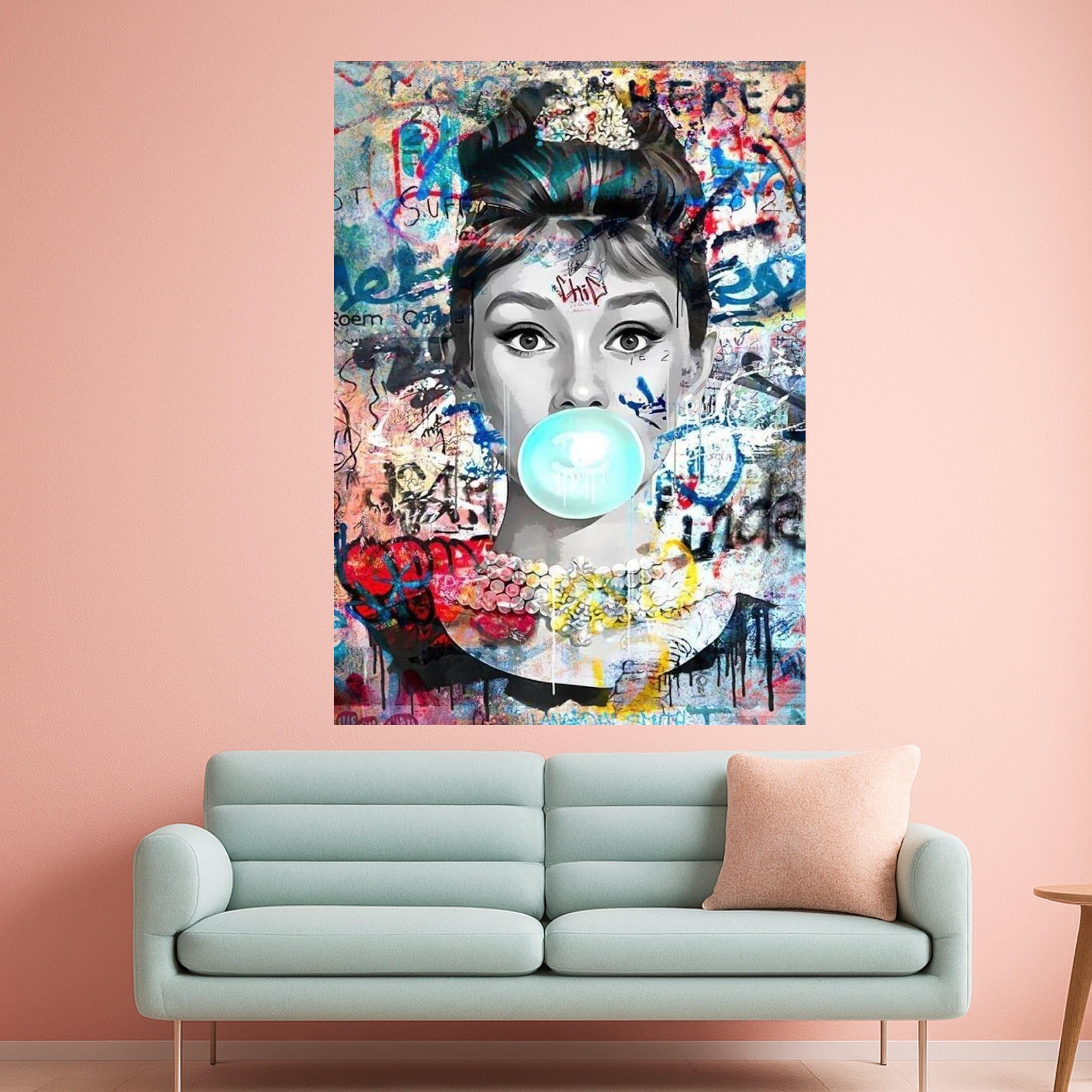 Retro Pop Art Portrait Canvas, Audrey Hepburn Bubblegum Graffiti Wall Art, Modern Urban Canvas Decoration, Street Art Style Ready To Hang,
