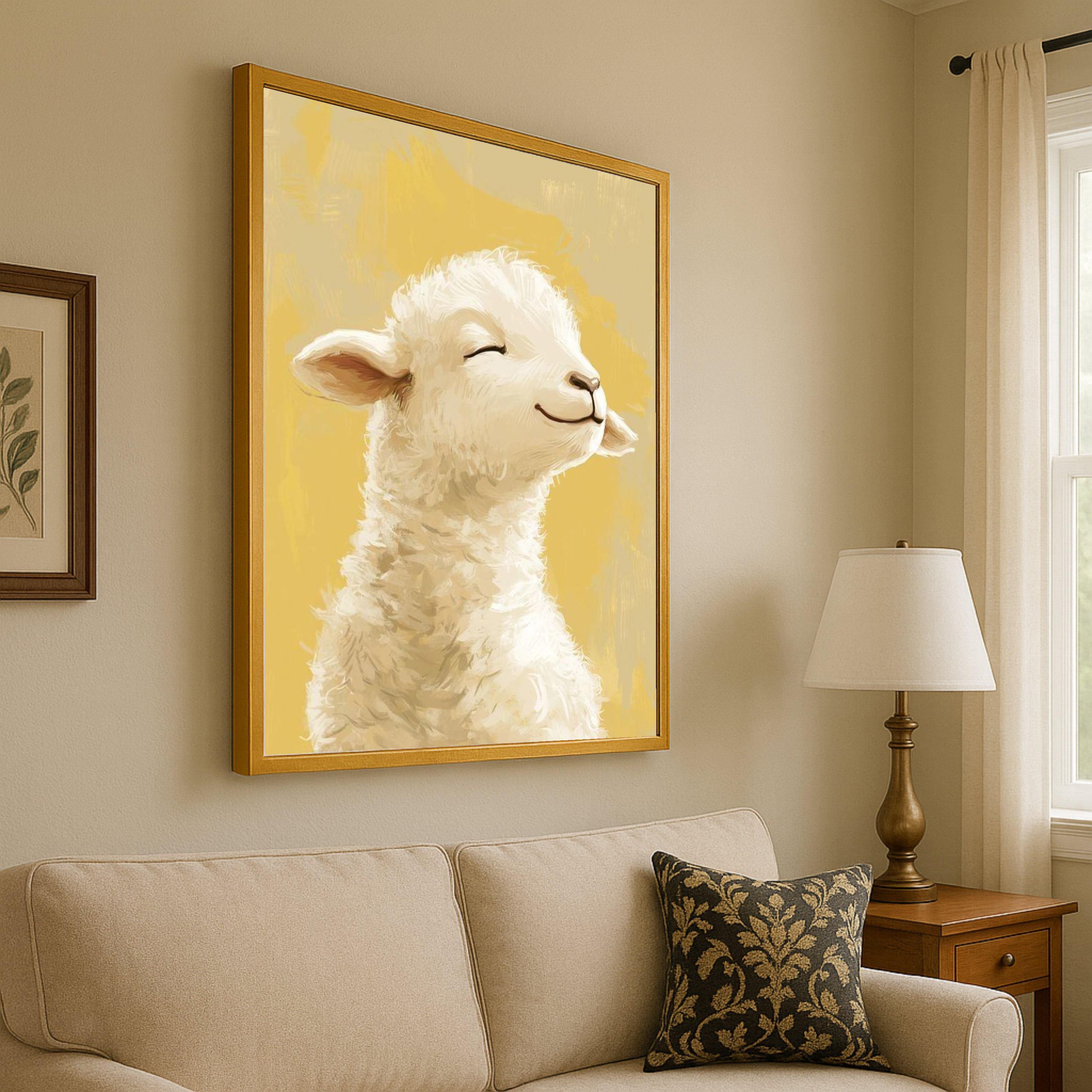 Smiling Lamb Canvas Wall Art, Farm Animal Portrait, Nursery Room Decoration, Cute Baby Sheep Canvas, Rustic Country Home Ready To Hang,