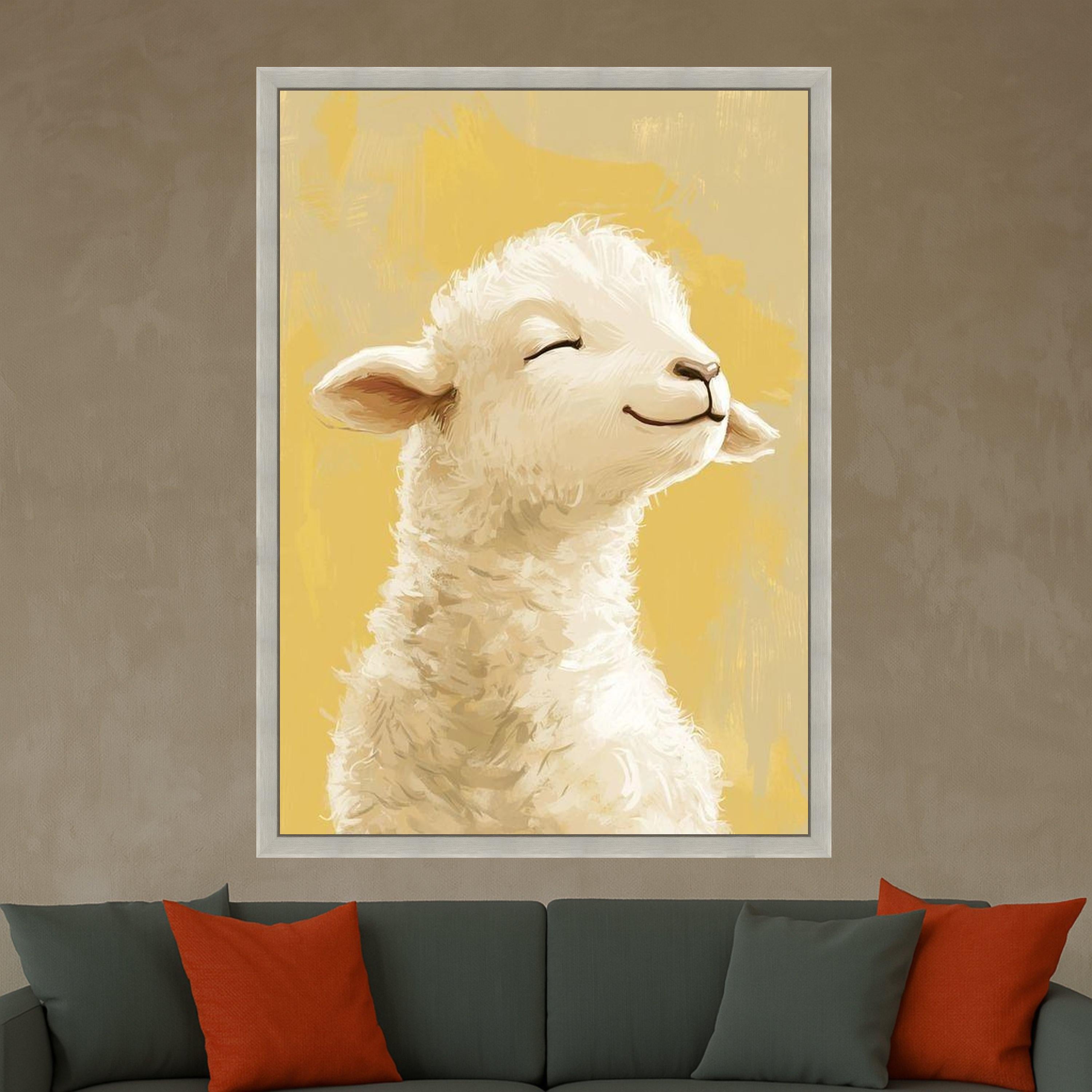 Smiling Lamb Canvas Wall Art, Farm Animal Portrait, Nursery Room Decoration, Cute Baby Sheep Canvas, Rustic Country Home Ready To Hang,