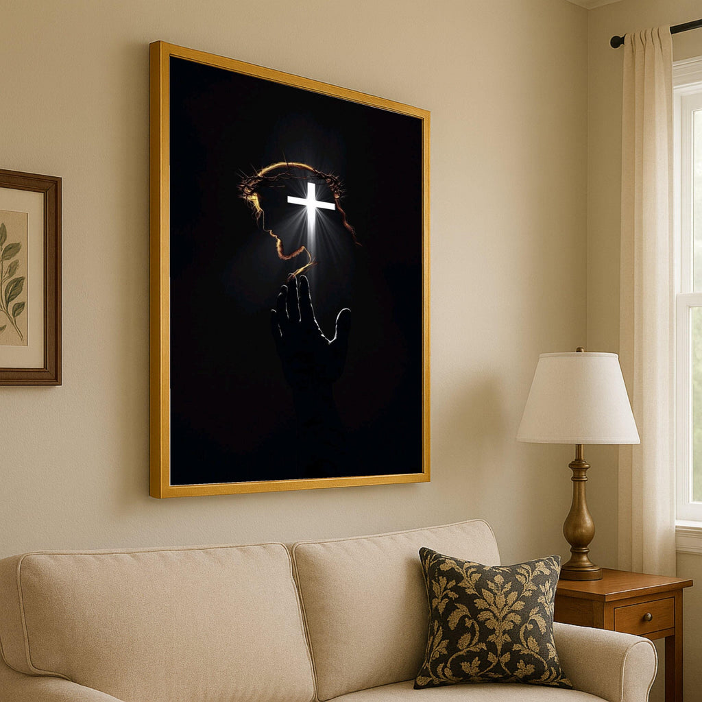 Christian Canvas Print with Cross Light – Jesus Wall Art Ready to Hang – Religious Wall Decor for Living Room or Church