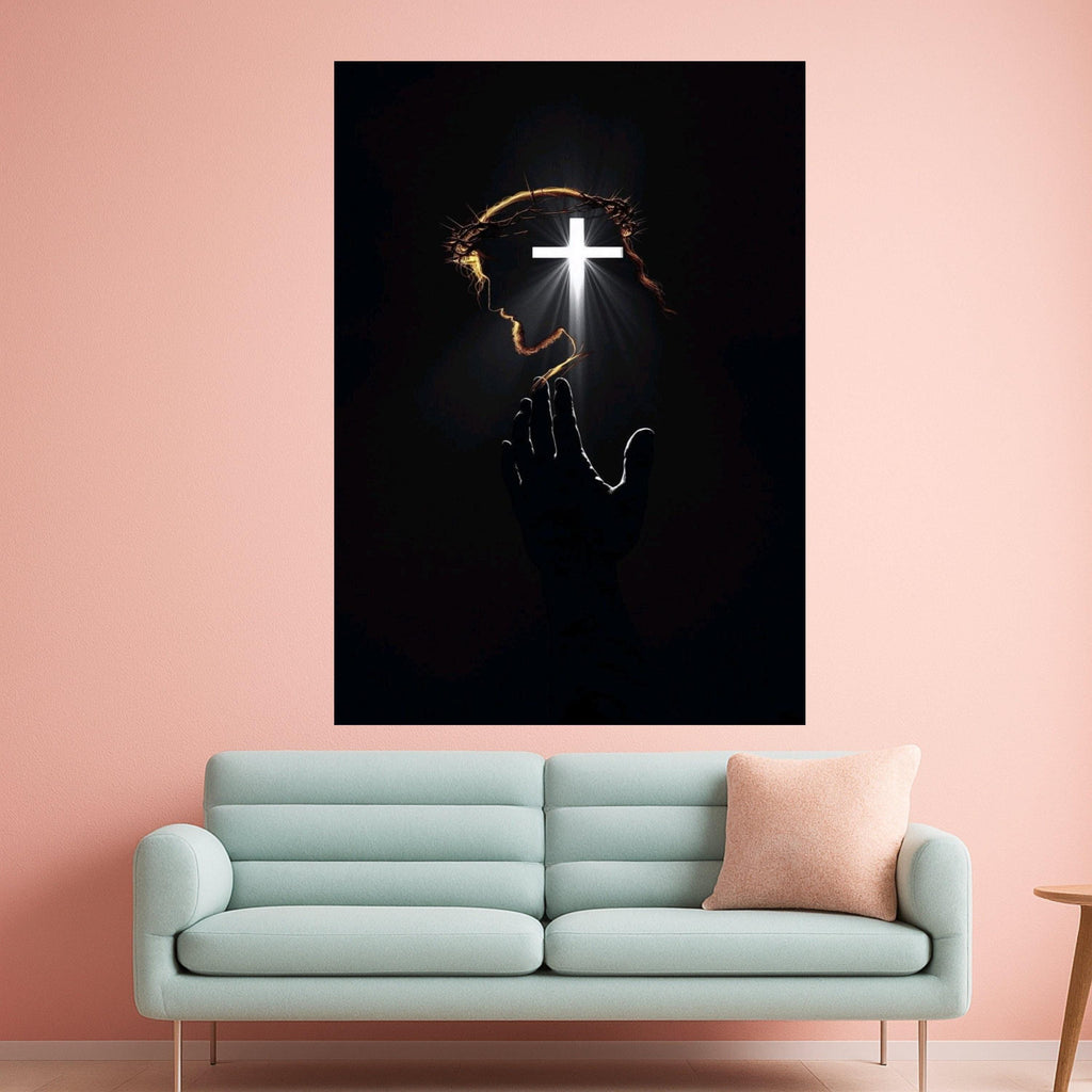 Christian Canvas Print with Cross Light – Jesus Wall Art Ready to Hang – Religious Wall Decor for Living Room or Church