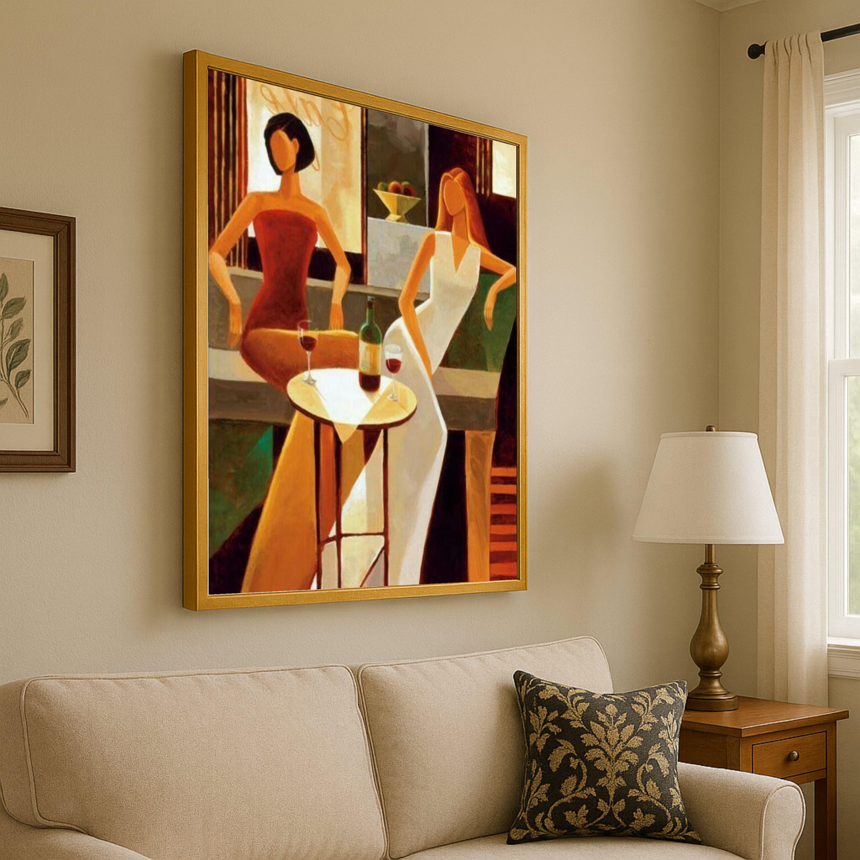 Elegant Evening Scene Canvas, Modern Women Sitting Art, Wine Glasses Wall Decor, Abstract Figures Painting, Chic Home Ready To Hang,