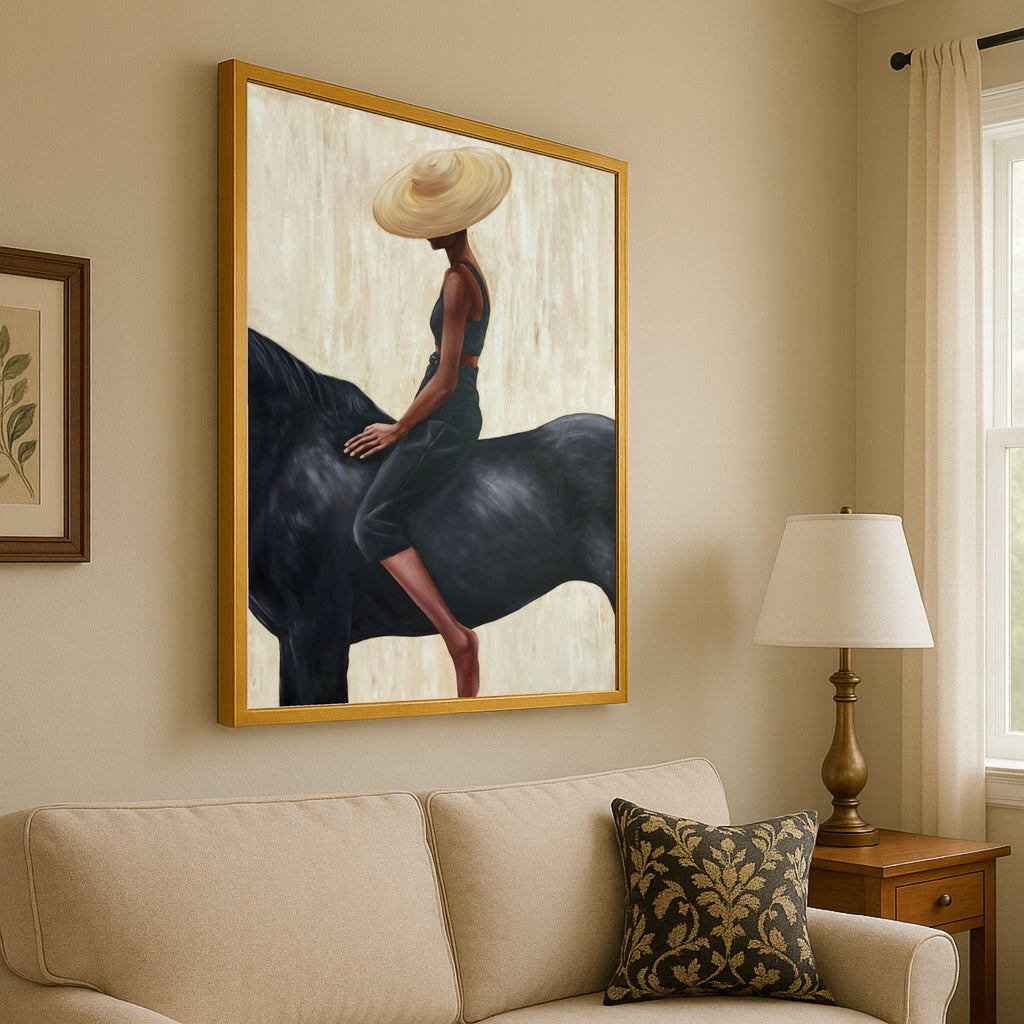 Elegant Woman with Wide Brim Hat on Black Horse Canvas, Modern Figurative Wall Art, Minimalist Home Decor, Contemporary Ready To Hang,