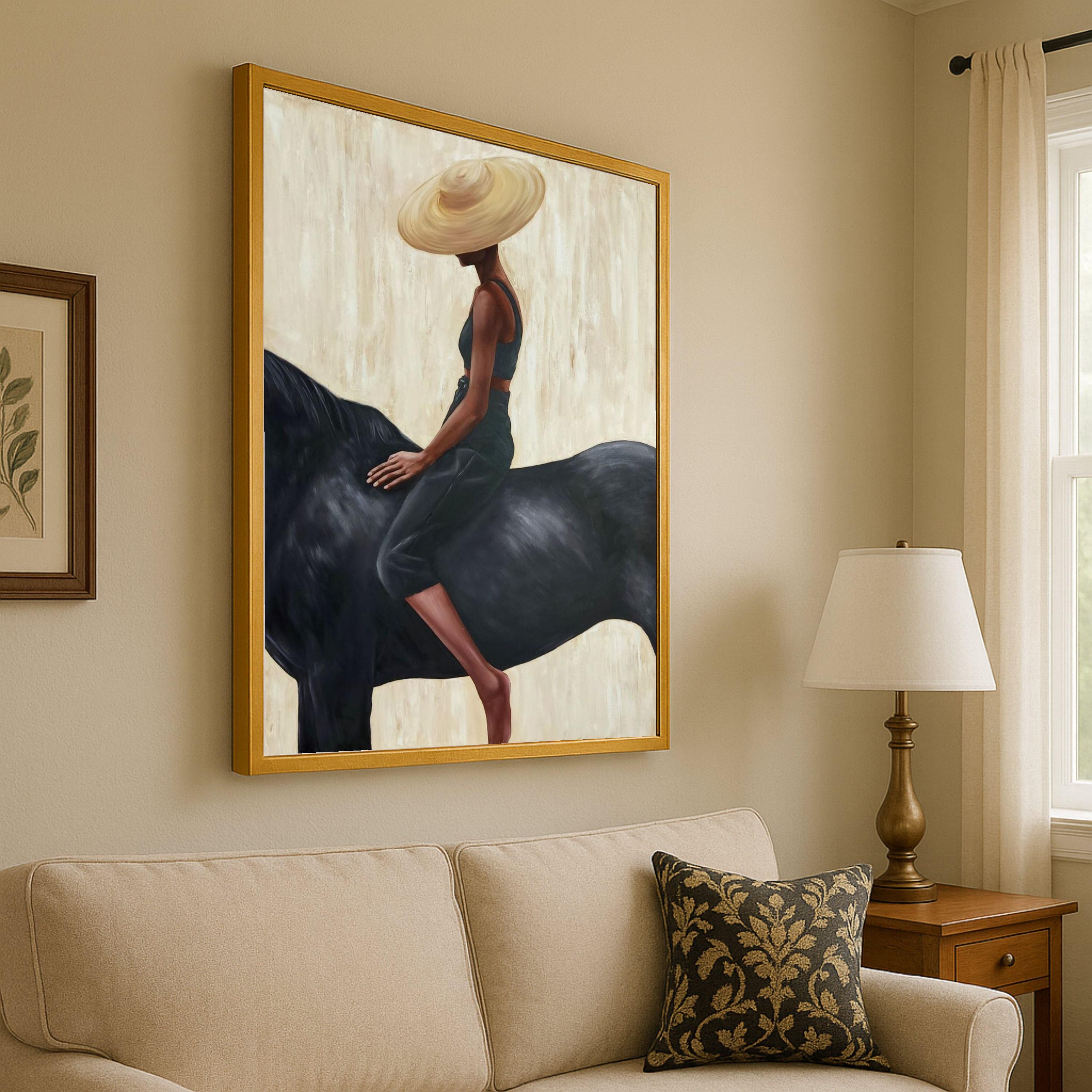 Elegant Woman with Wide Brim Hat on Black Horse Canvas, Modern Figurative Wall Art, Minimalist Home Decor, Contemporary Ready To Hang,