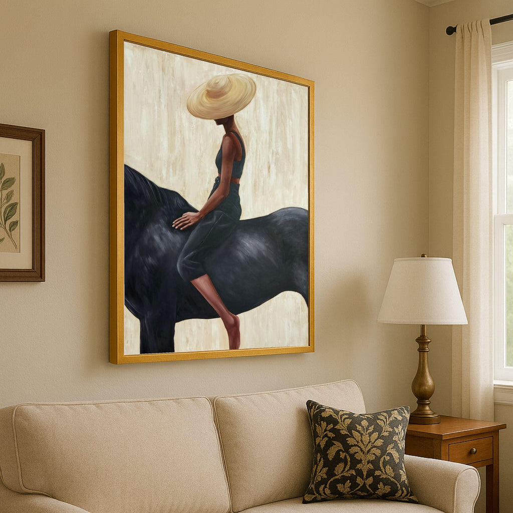 Elegant Woman with Wide Brim Hat on Black Horse Canvas, Modern Figurative Wall Art, Minimalist Home Decor, Contemporary Ready To Hang,