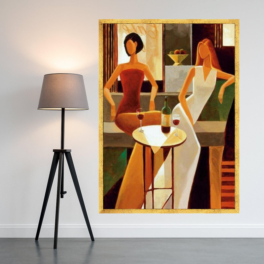 Elegant Evening Scene Canvas, Modern Women Sitting Art, Wine Glasses Wall Decor, Abstract Figures Painting, Chic Home Ready To Hang,