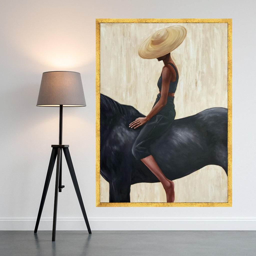 Elegant Woman with Wide Brim Hat on Black Horse Canvas, Modern Figurative Wall Art, Minimalist Home Decor, Contemporary Ready To Hang,