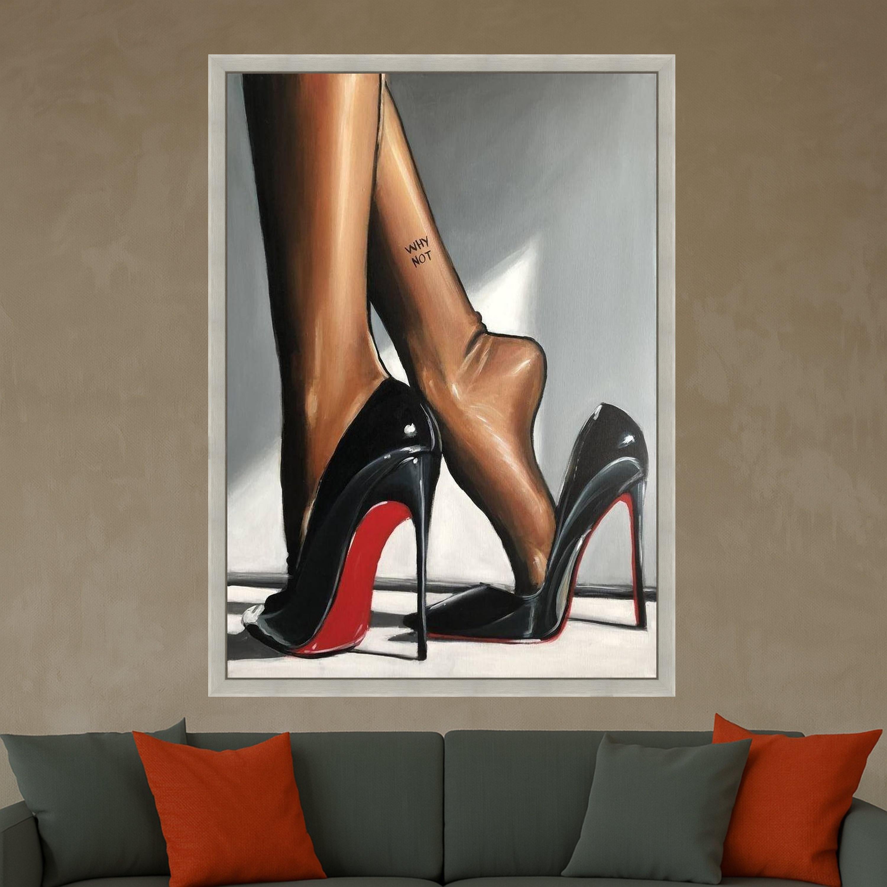 Elegant Black Red Sole Heels with Bare Feet Canvas, Fashion Wall Art, Stylish Footwear Painting, Modern Home Decor, Ready to Ready To Hang,