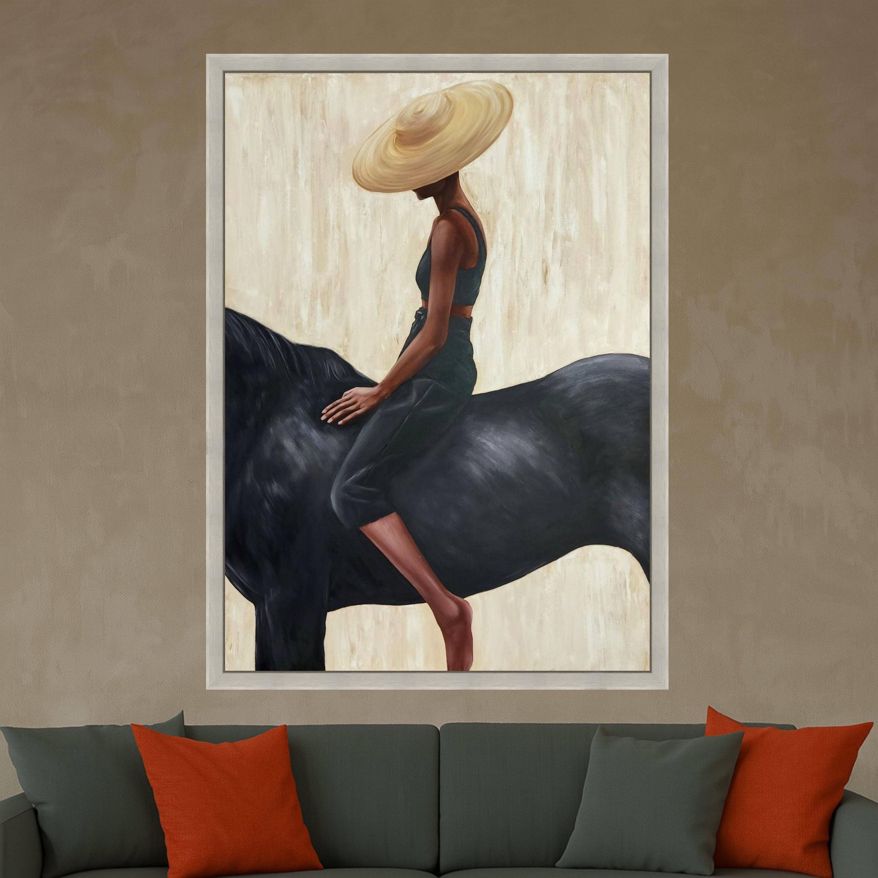 Elegant Woman with Wide Brim Hat on Black Horse Canvas, Modern Figurative Wall Art, Minimalist Home Decor, Contemporary Ready To Hang,