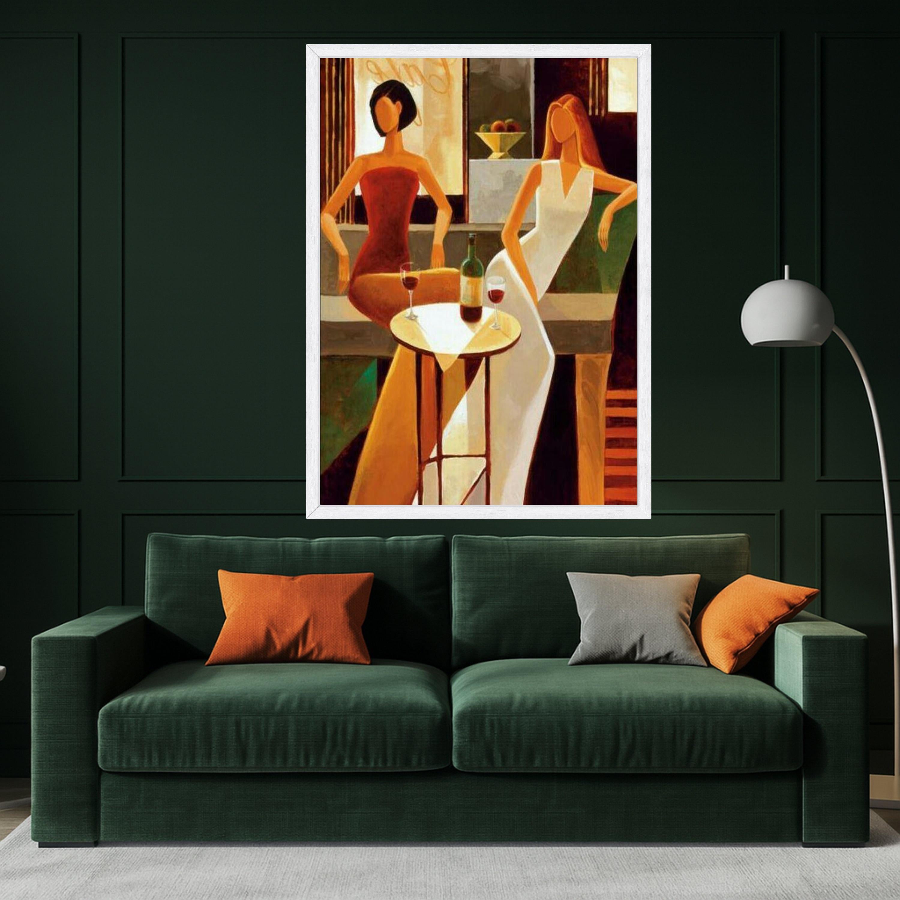 Elegant Evening Scene Canvas, Modern Women Sitting Art, Wine Glasses Wall Decor, Abstract Figures Painting, Chic Home Ready To Hang,
