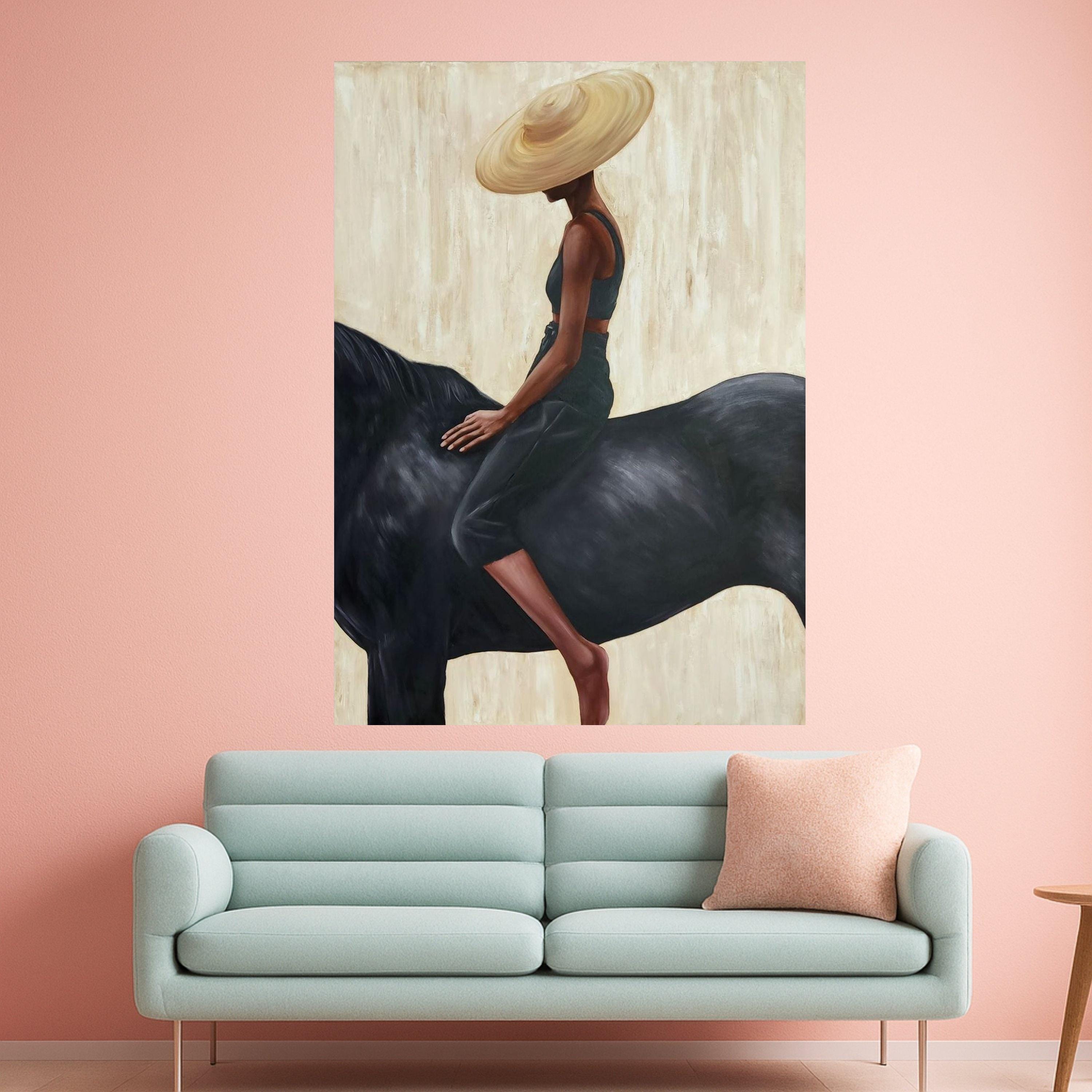 Elegant Woman with Wide Brim Hat on Black Horse Canvas, Modern Figurative Wall Art, Minimalist Home Decor, Contemporary Ready To Hang,