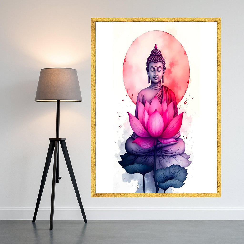 Meditative Buddha with Pink Lotus Canvas, Spiritual Wall Art, Zen Home Decor, Tranquil Buddha Painting, Meditation Room Ready To Hang,