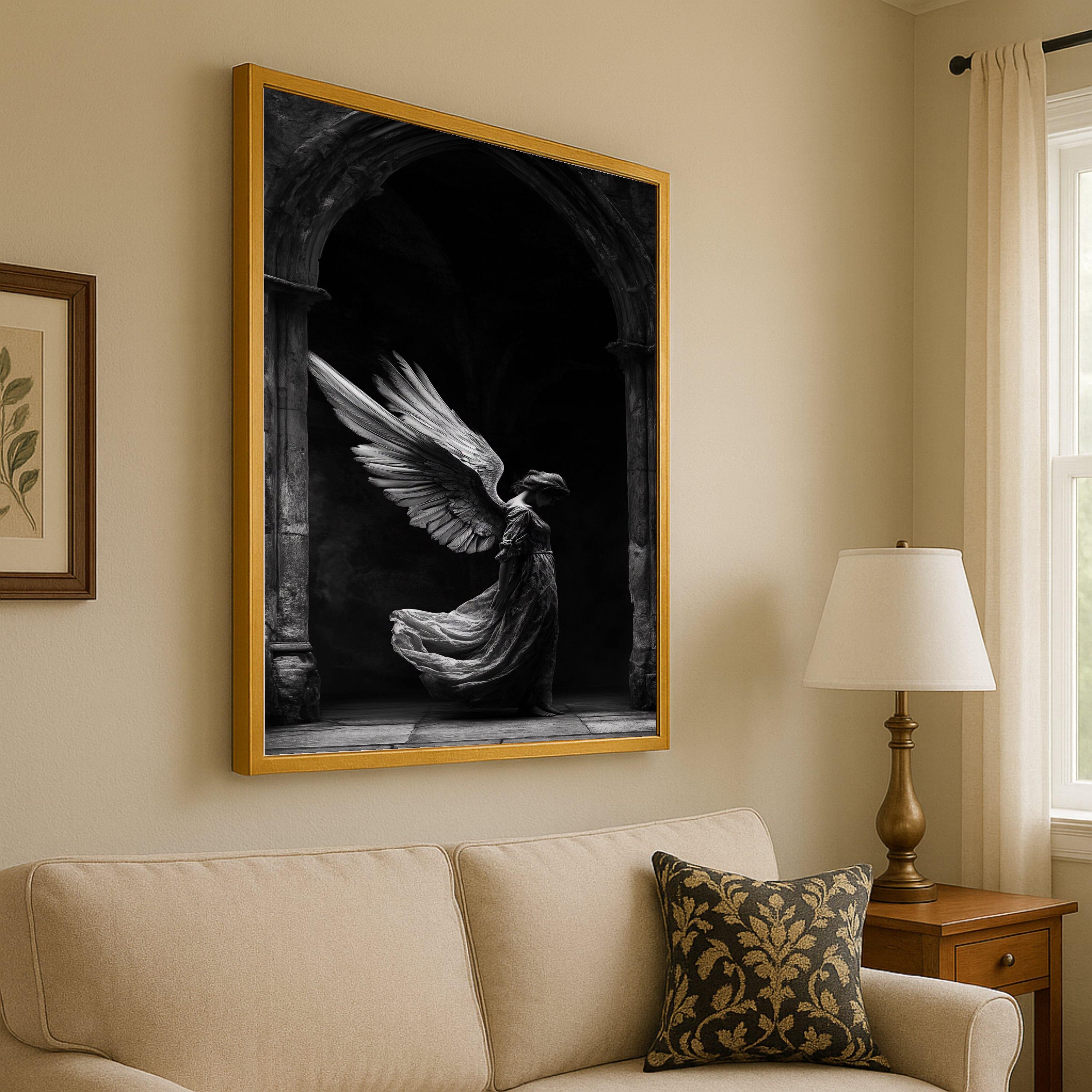 Elegant Angel Wings Canvas Wall Art, Gothic Archway Scene, Black and White Angelic Figure, Spiritual Home Decoration, Ready To Hang,