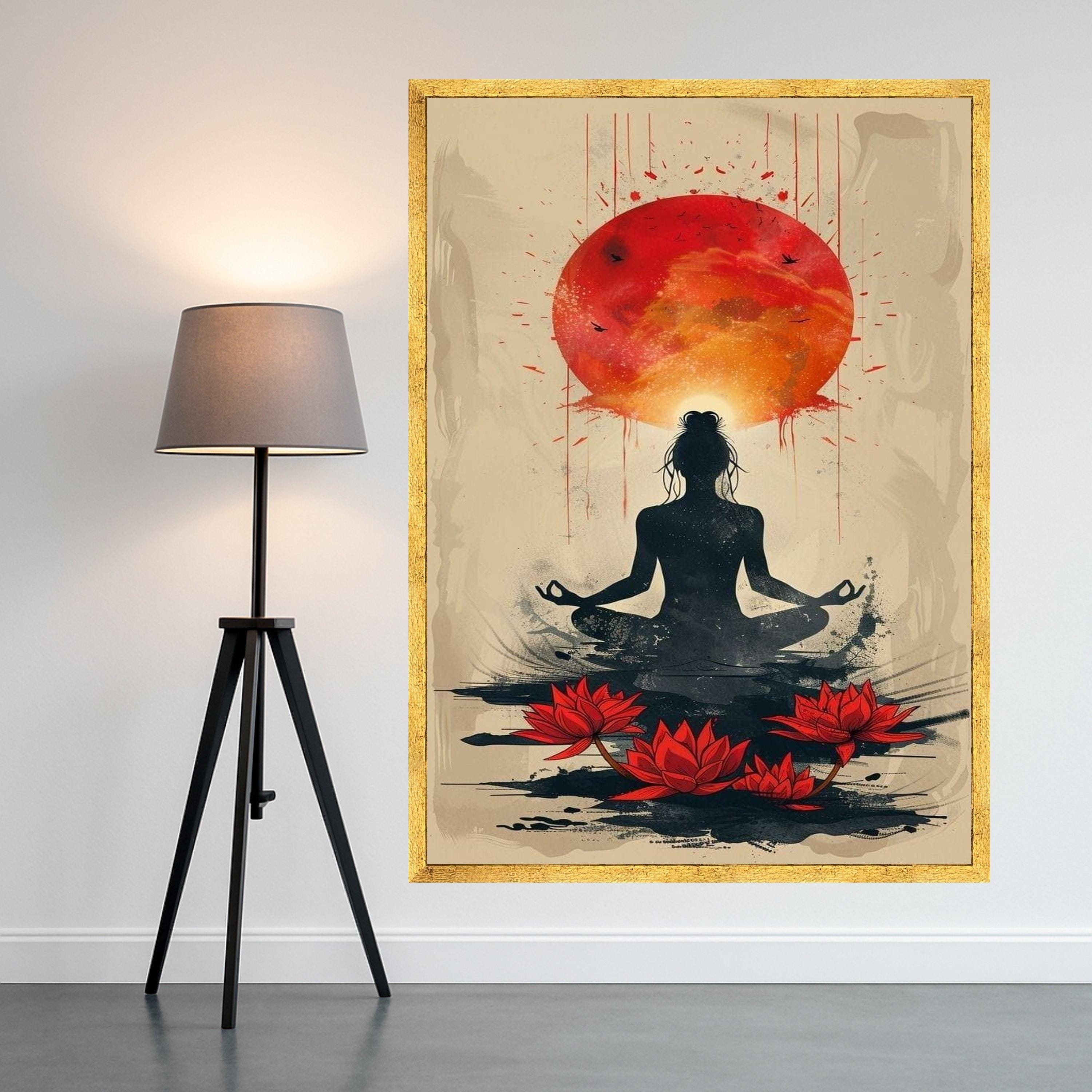 Meditative Yoga Silhouette Canvas, Red Lotus Flowers Wall Art, Spiritual Sunrise Painting, Zen Home Decor, Mindfulness Canvas Ready To Hang,